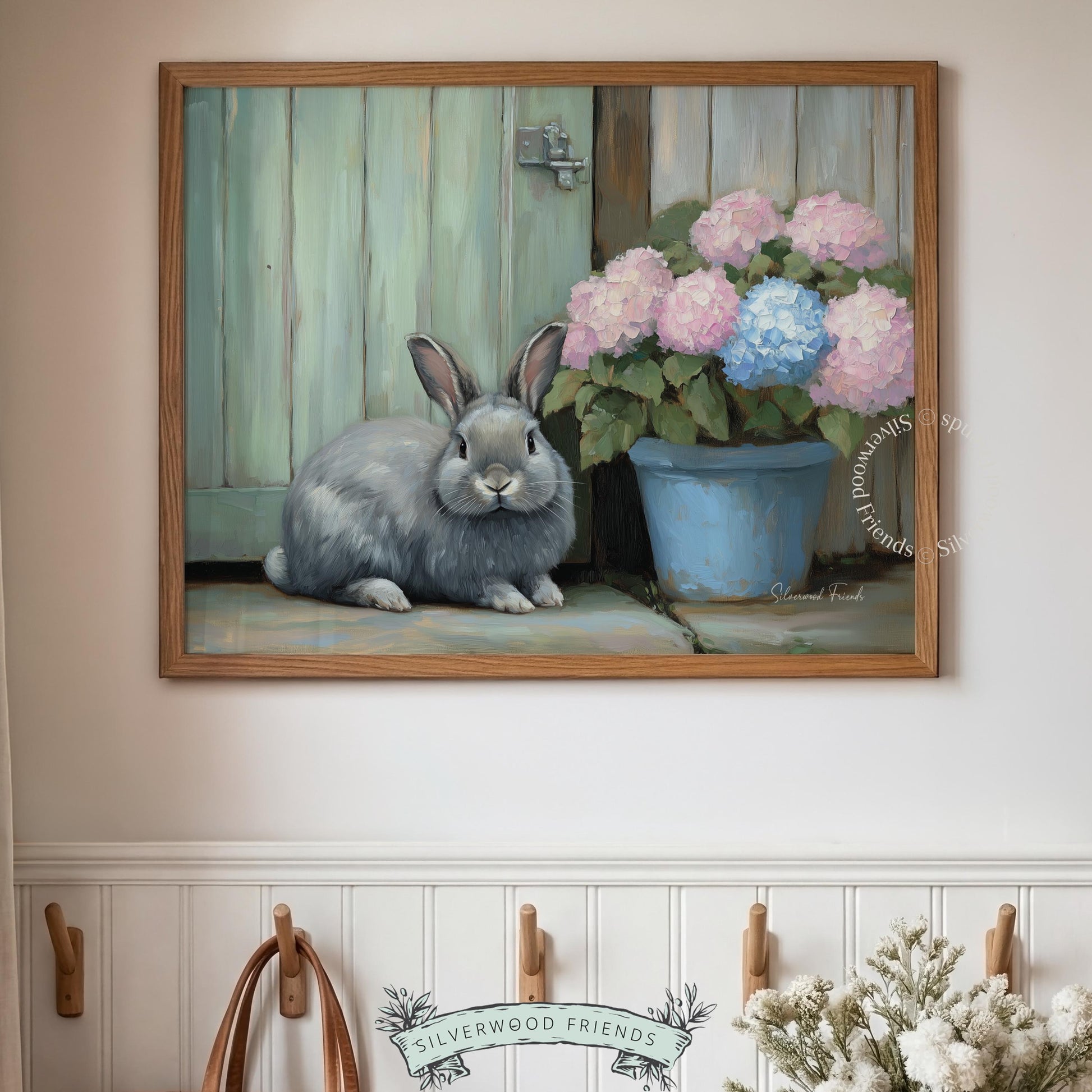Adorable bunny printable art for hallway — traditional painting vibes enriched with serene colors and floral details.