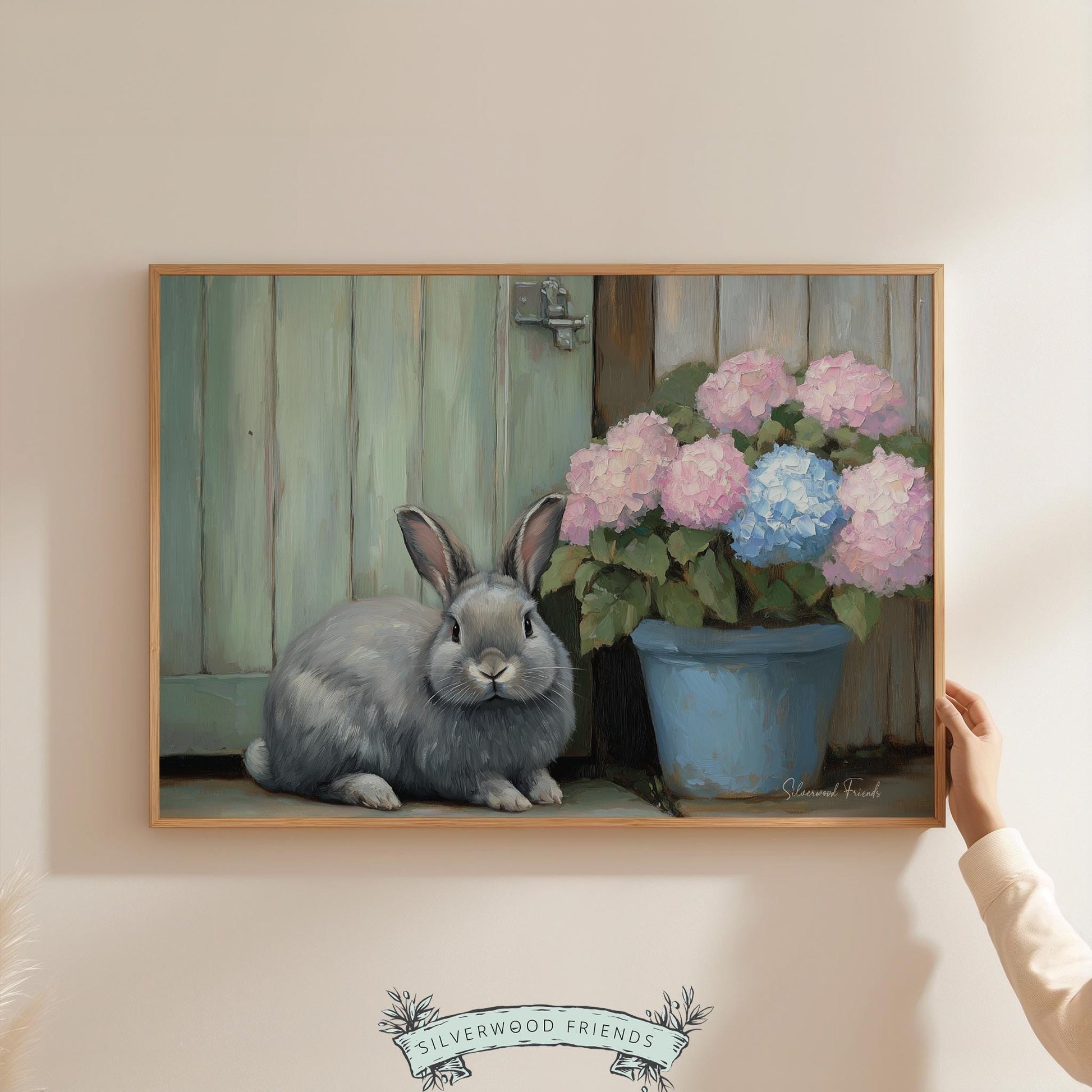 Grey rabbit oil painting for farmhouse kitchen— country-themed, soft colors, and a touch of vintage chic for a warm ambiance.
