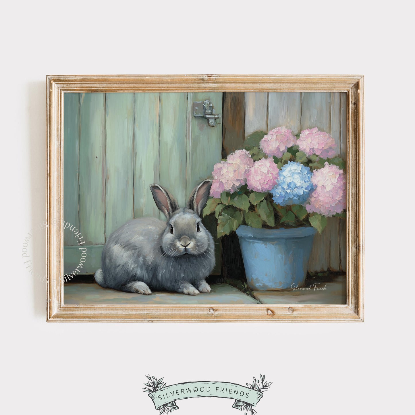 Plump rabbit digital download for rustic decor — calming country-themed art showcasing a cute bunny next to lustrous flowers.