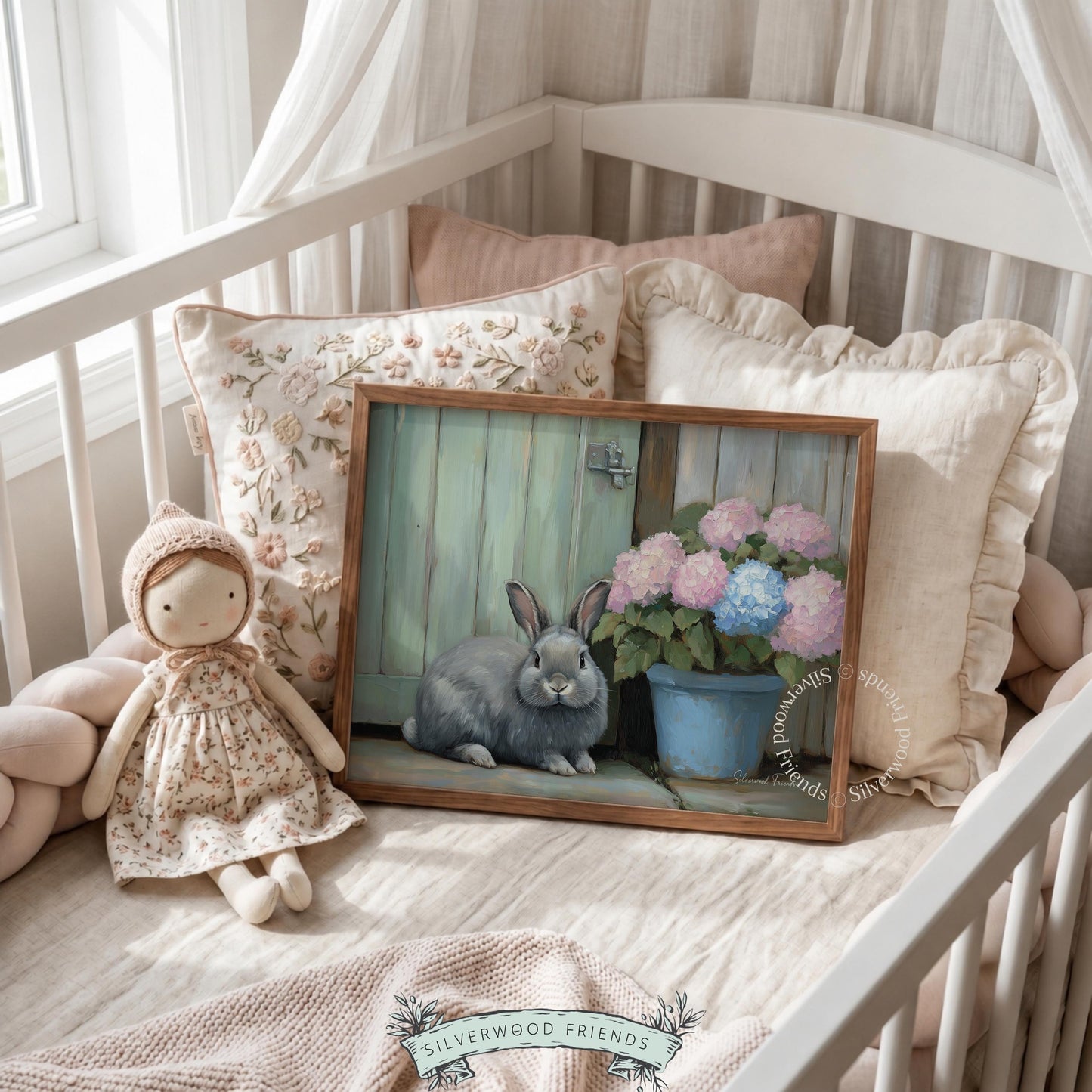 Front-facing bunny picture for cozy corner — delicate soft hues evoke a pastoral feel, perfect for enhancing any room.