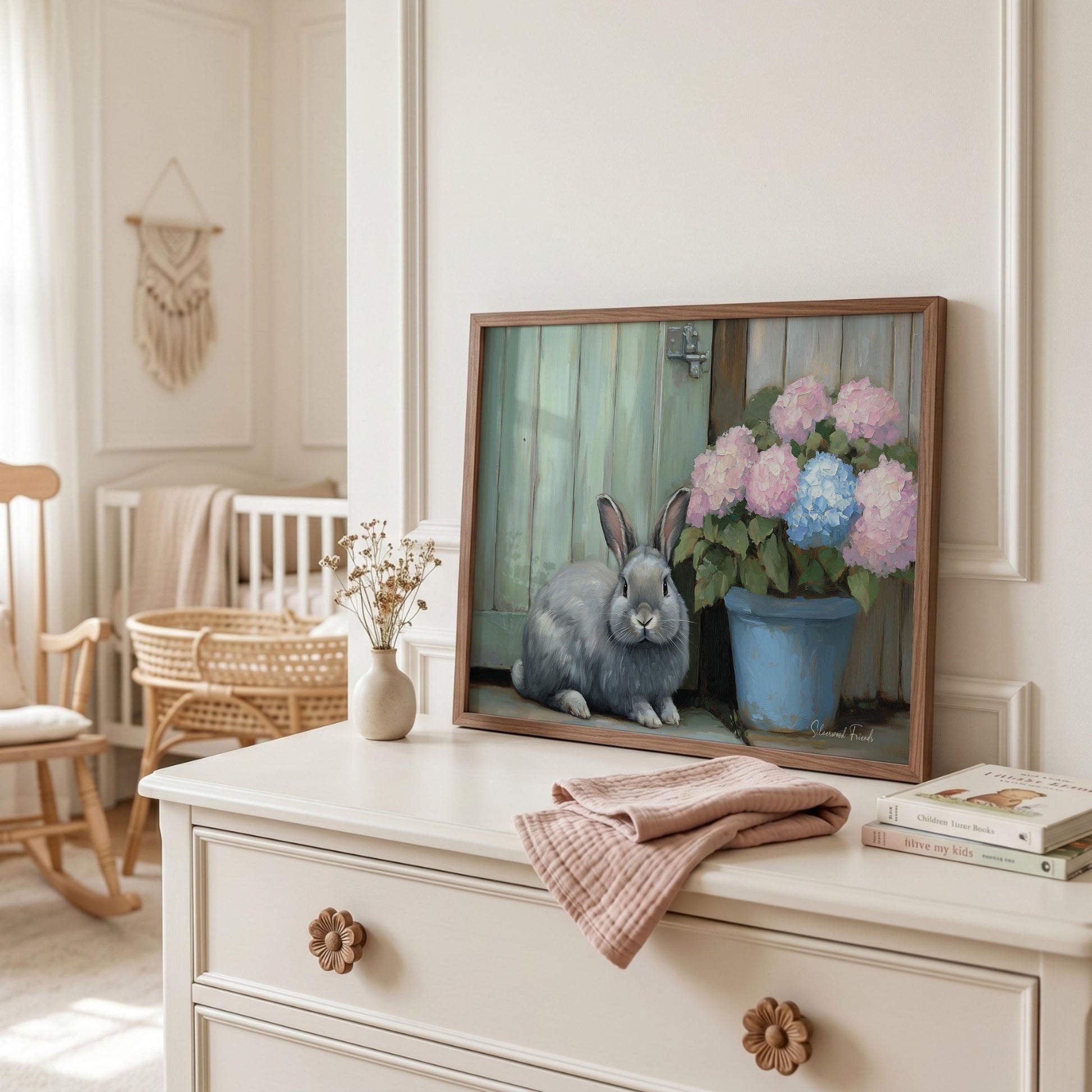 Calming rabbit art for living space — pastoral scene featuring soft brushstrokes and a thoughtful aesthetic to enhance any wall.