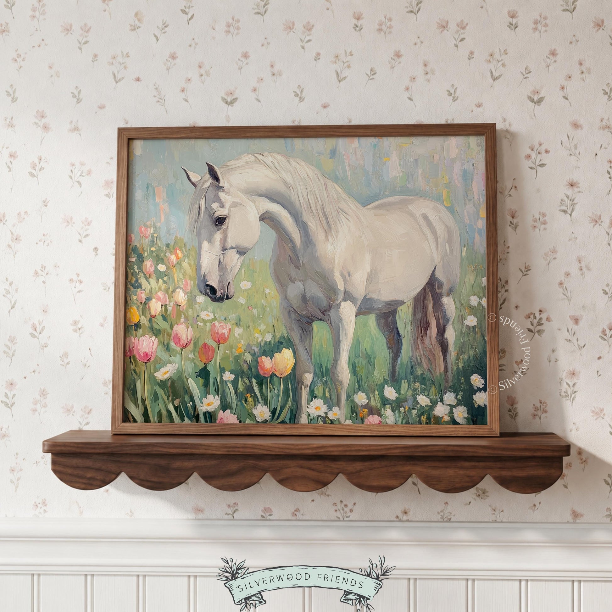 Peaceful horse digital art print for rustic nursery — soft tones and blooming flowers portraying a calm countryside theme.