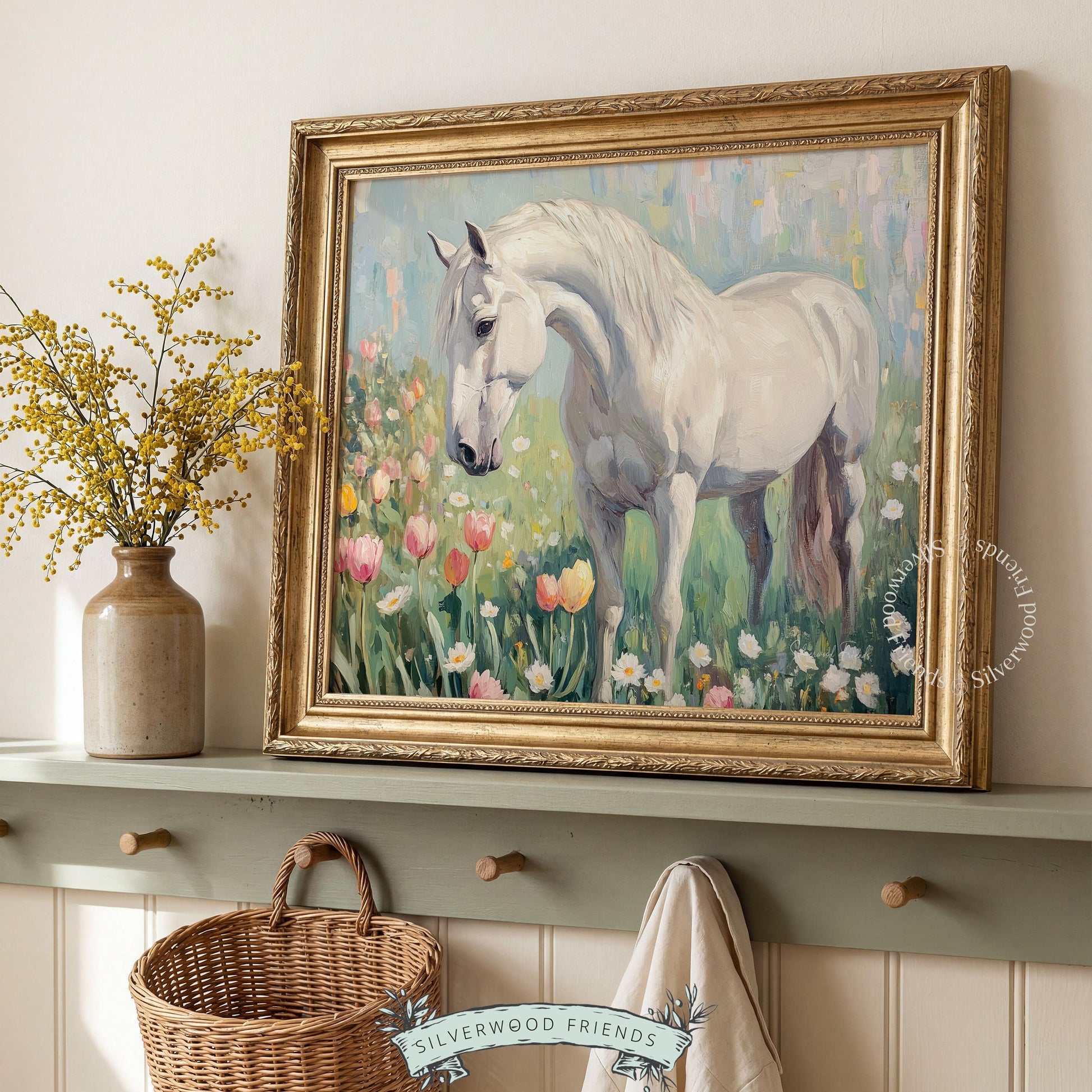 Painterly horse wall art for home office — tranquil composition featuring gentle hues and a spring meadow for relaxation and inspiration.