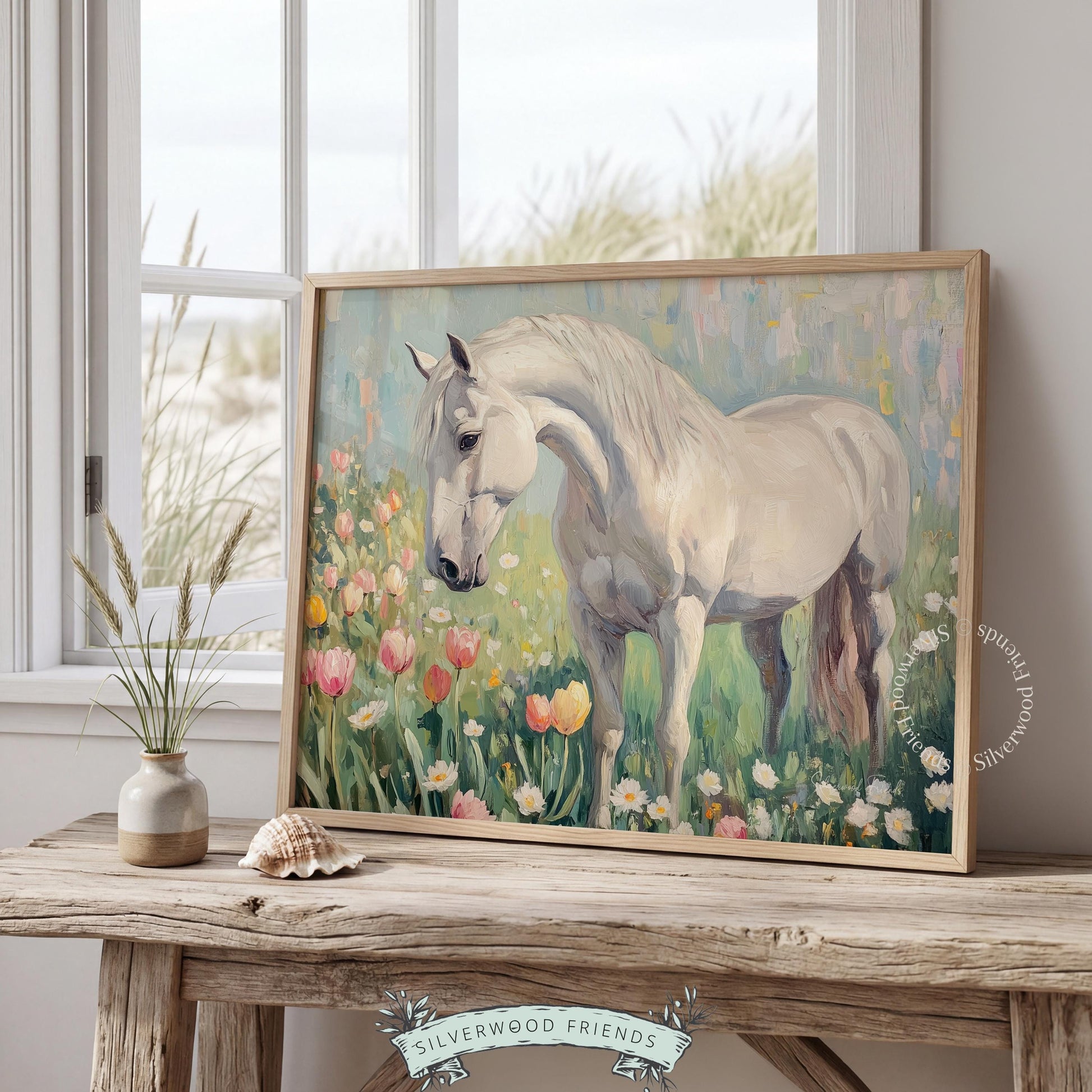 Pastoral white horse picture printable art for dining room — evoking calm countryside vibes through soft brushwork and delicate colors.