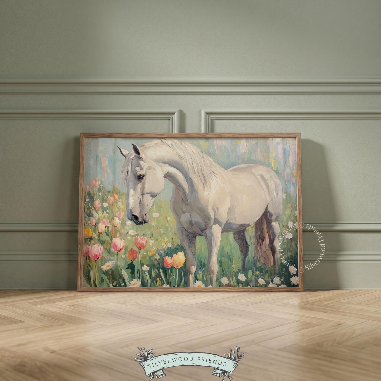 Graceful horse poster for modern study — soothing scene blending loose brushwork with romantic spring flora for tranquility.