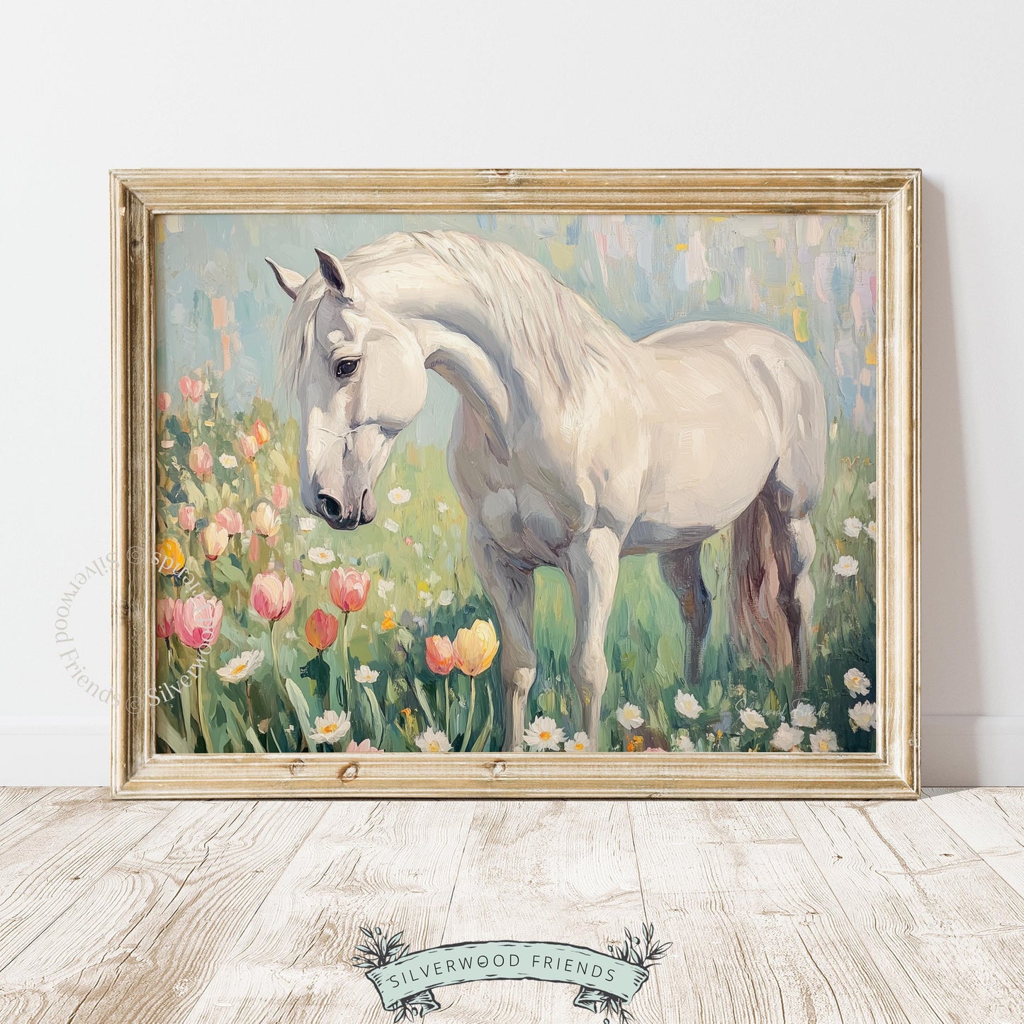 Gentle white horse artwork for cozy reading nook — light pastel colors and pastoral themes create a serene, inviting atmosphere.