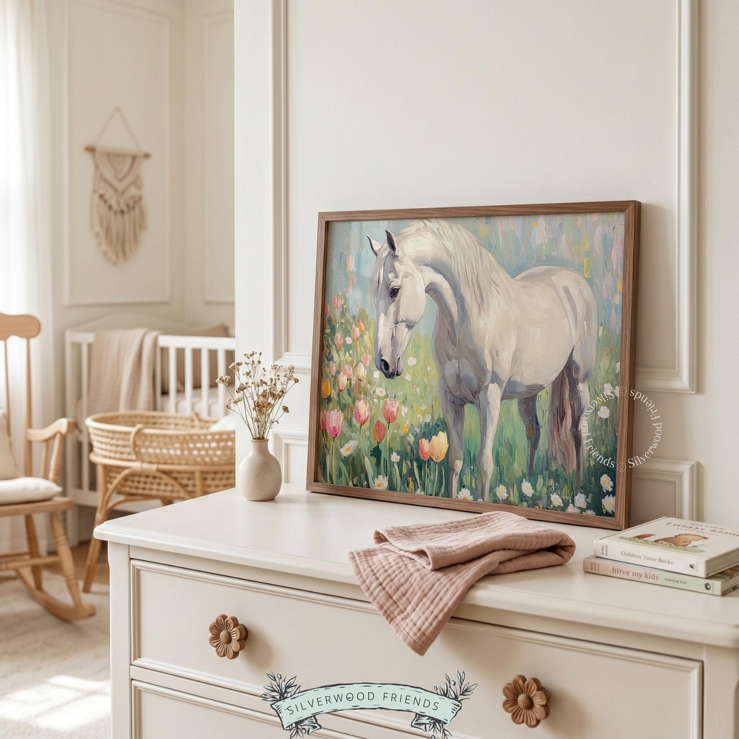 Elegant white horse digital print for art studio — soothing oil painting featuring a serene atmosphere enriched by soft spring hues.