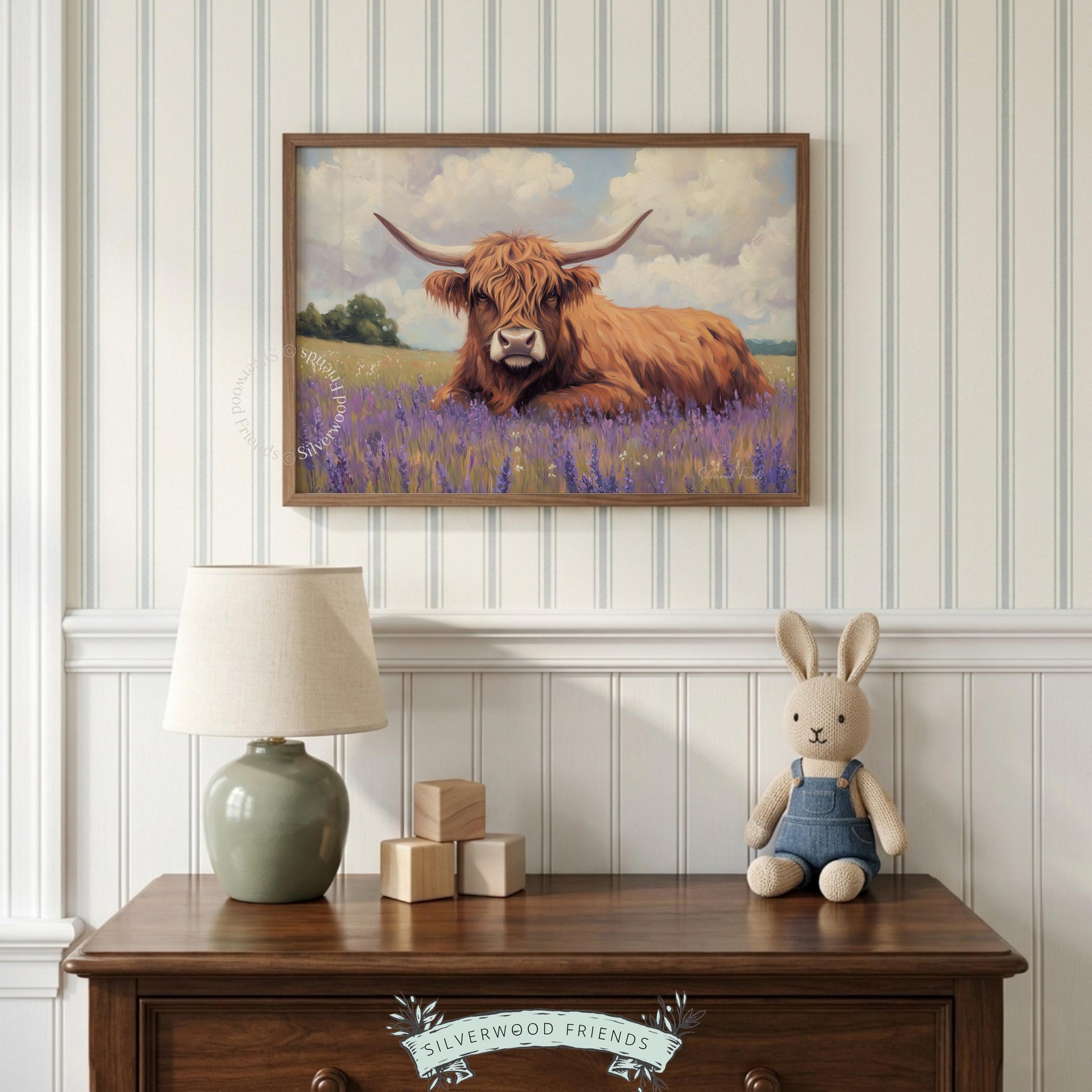 Shaggy cow wall decor for bedroom — a calming pastoral scene with textured artistry perfect for rustic or country-style spaces.