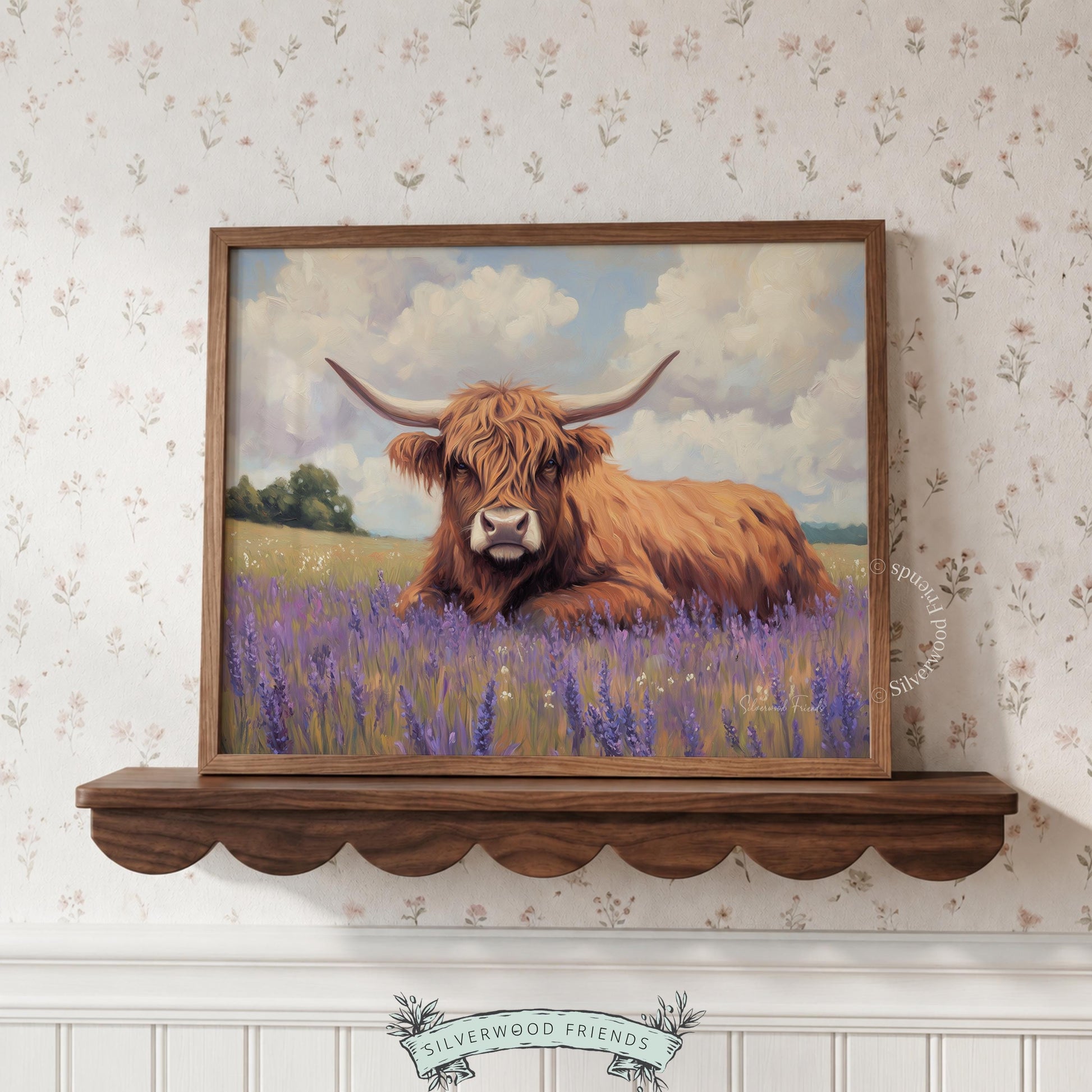 Highland cattle artwork for dining room — warm-toned cow resting in a field of wildflowers sets a charming pastoral atmosphere.