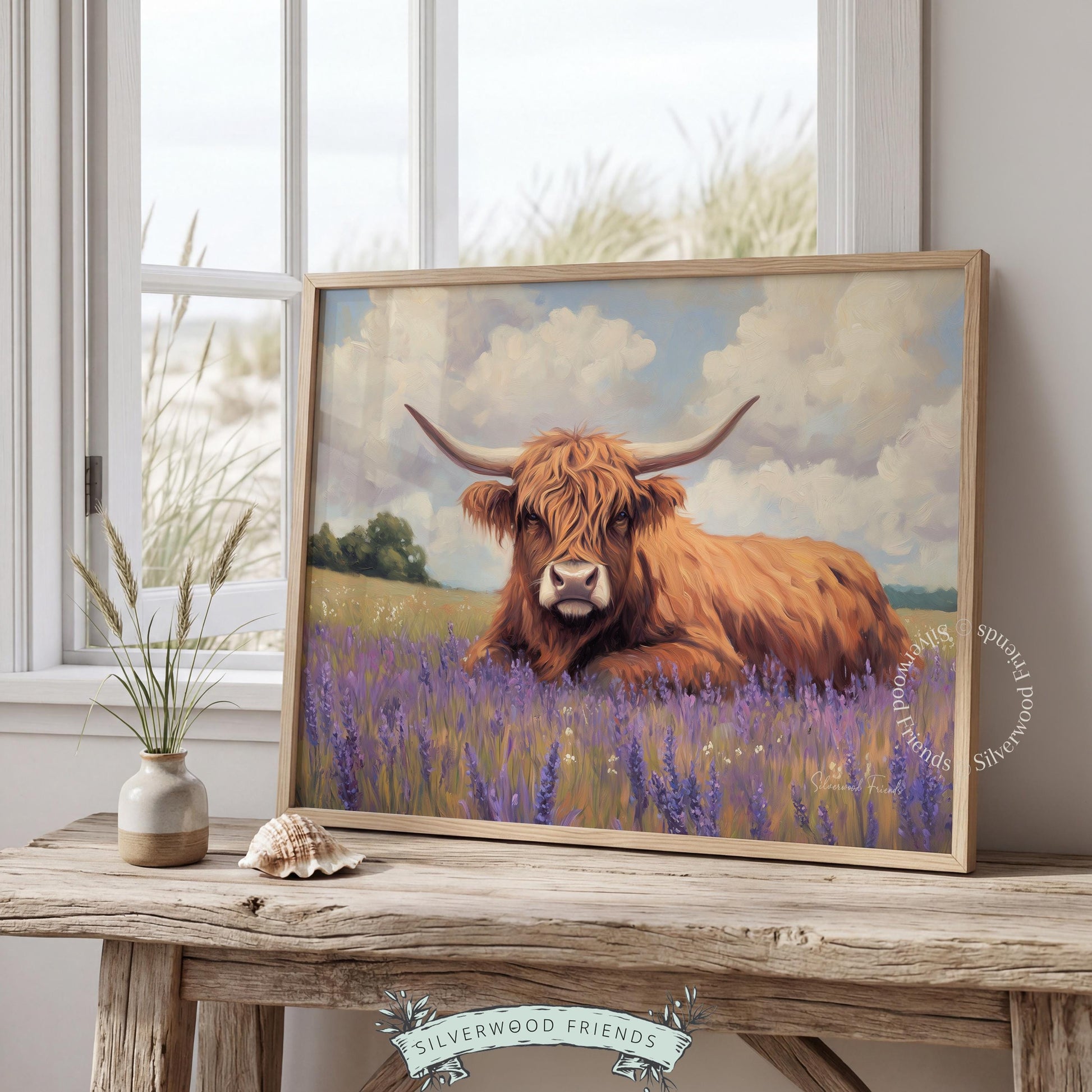 Shaggy Highland cow printable for nursery design — adorable and comforting artwork evoking tranquil countryside themes.