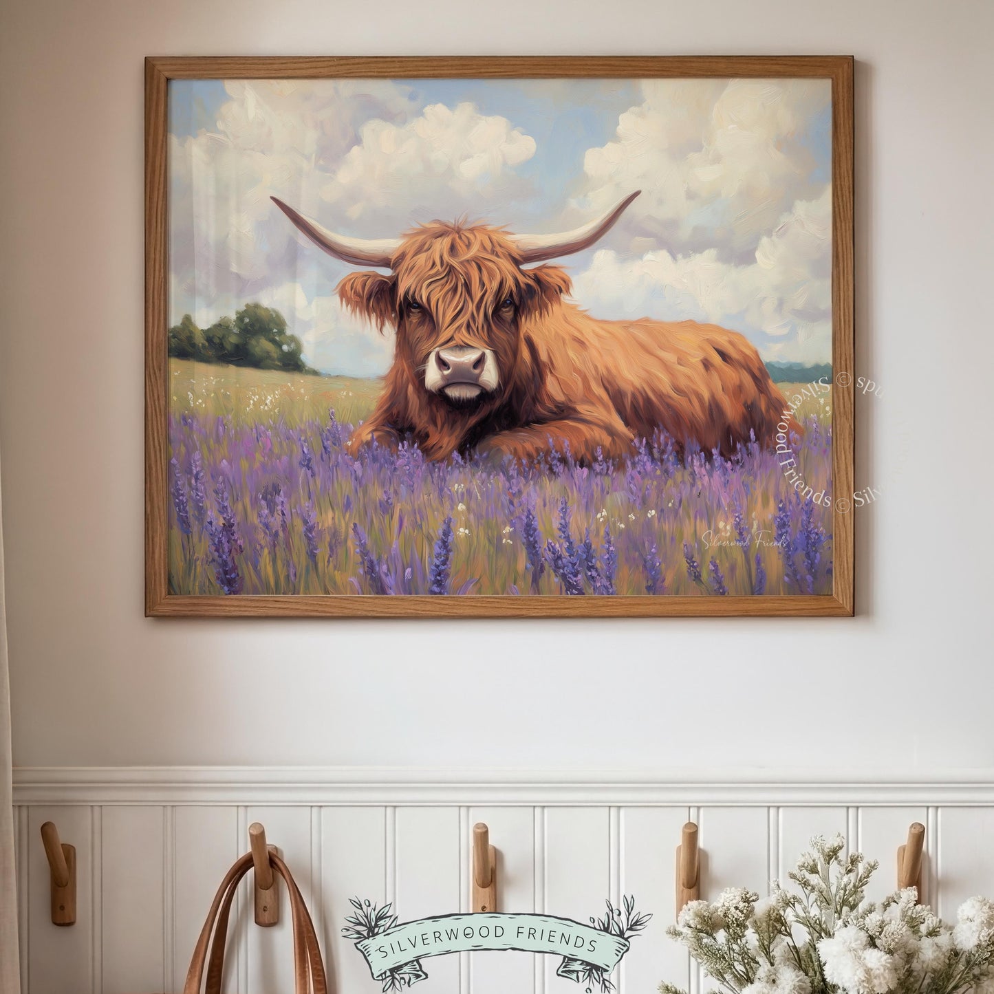 Shaggy Highland cow painting wall art for farmhouse — cozy rustic feel with textured brushwork and lavender wildflowers in the foreground.