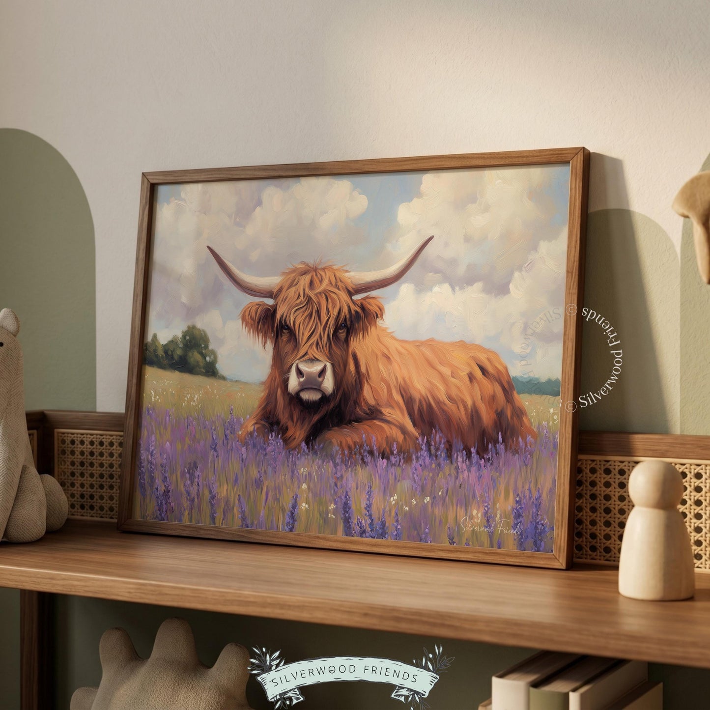 Highland cow artwork poster for nursery — capture a pastoral vibe with warm browns and purple flowers in a calming landscape.