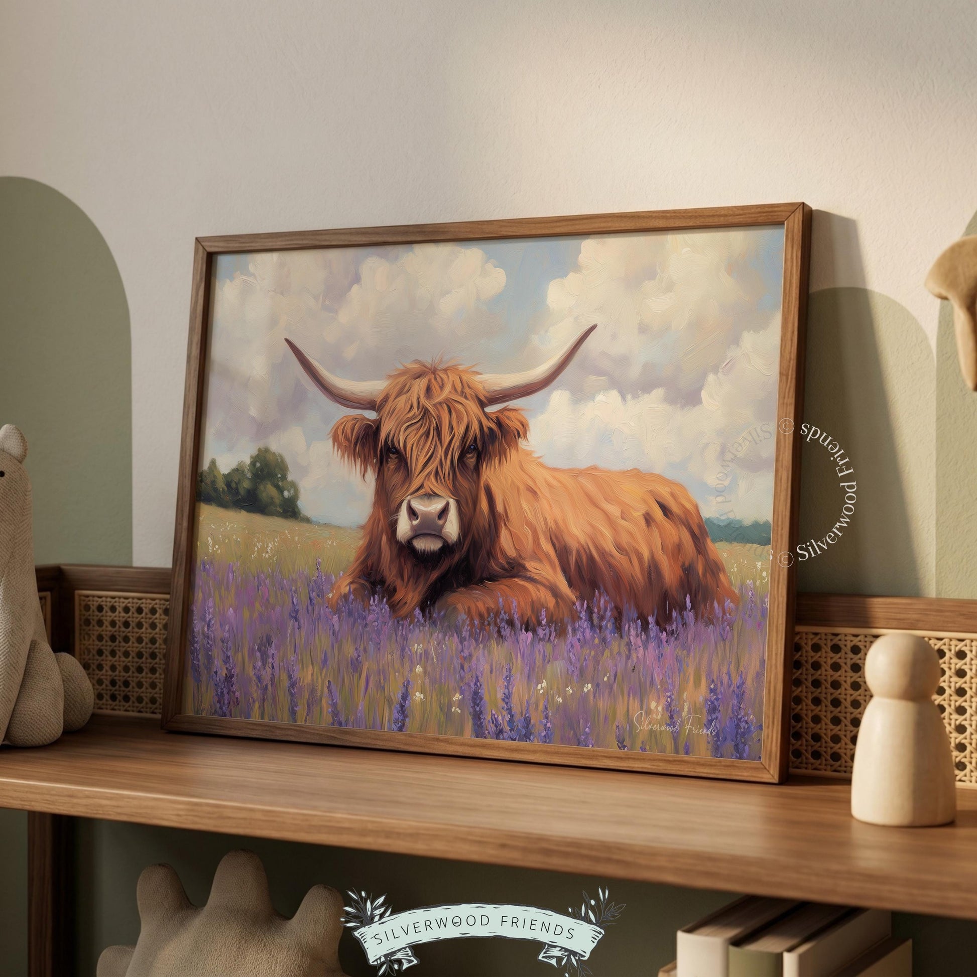 Highland cow artwork poster for nursery — capture a pastoral vibe with warm browns and purple flowers in a calming landscape.