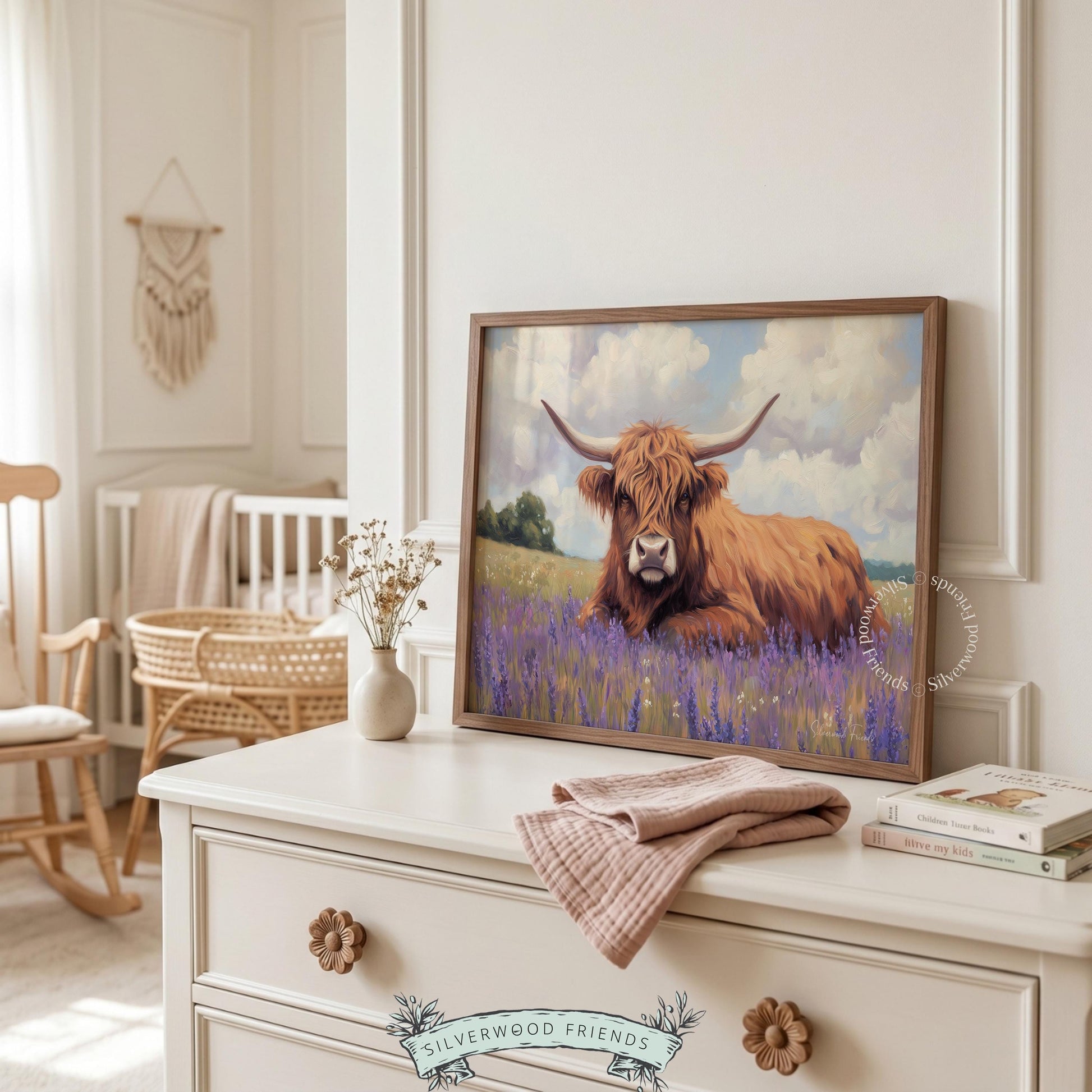 Cow wall art for cozy alcove — rustic charm with a shaggy Highland cow among purple wildflowers and soft clouds for a warm atmosphere.