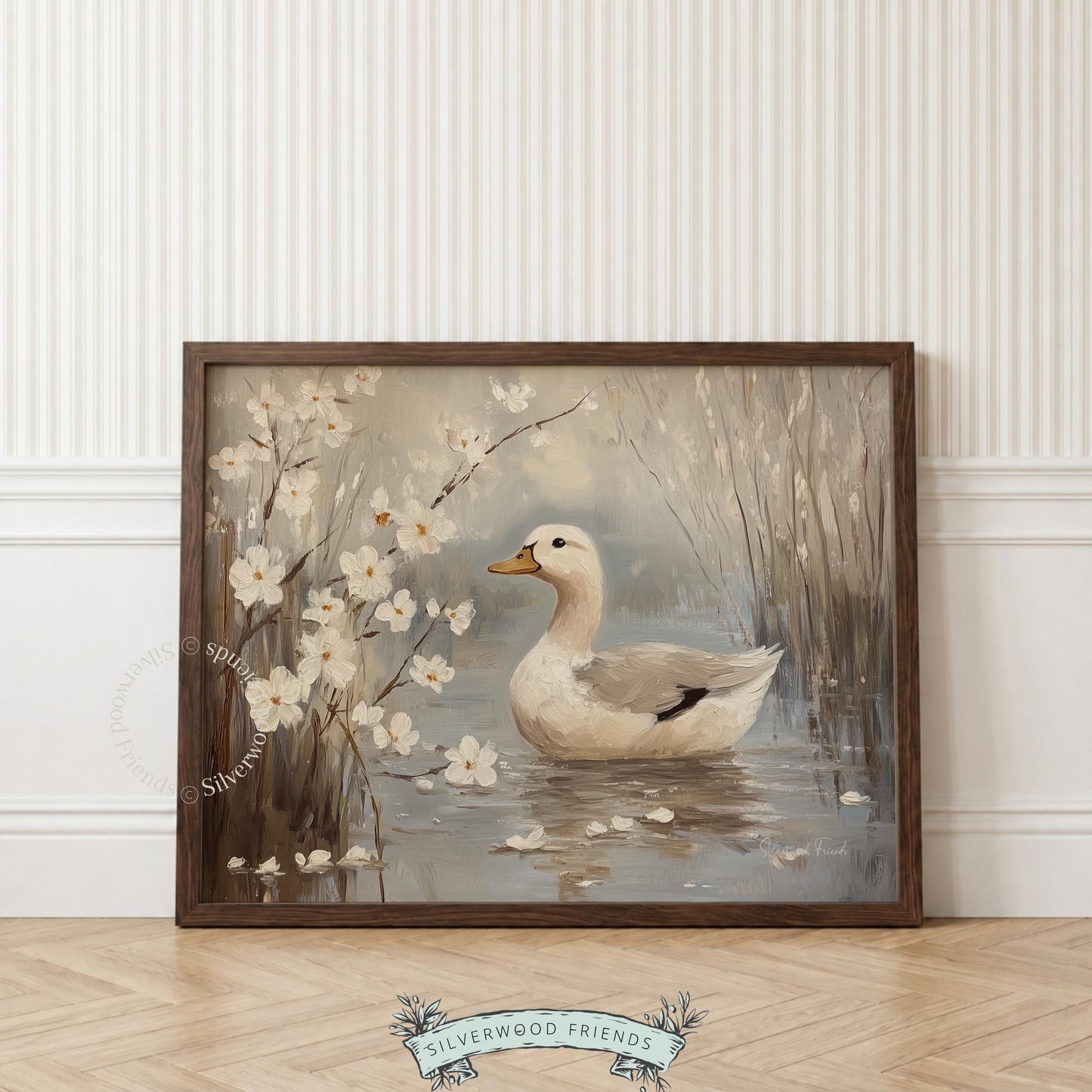 Peaceful floating duck digital print for farmhouse kitchen — calming artwork highlighted by soft grays and warm beiges.