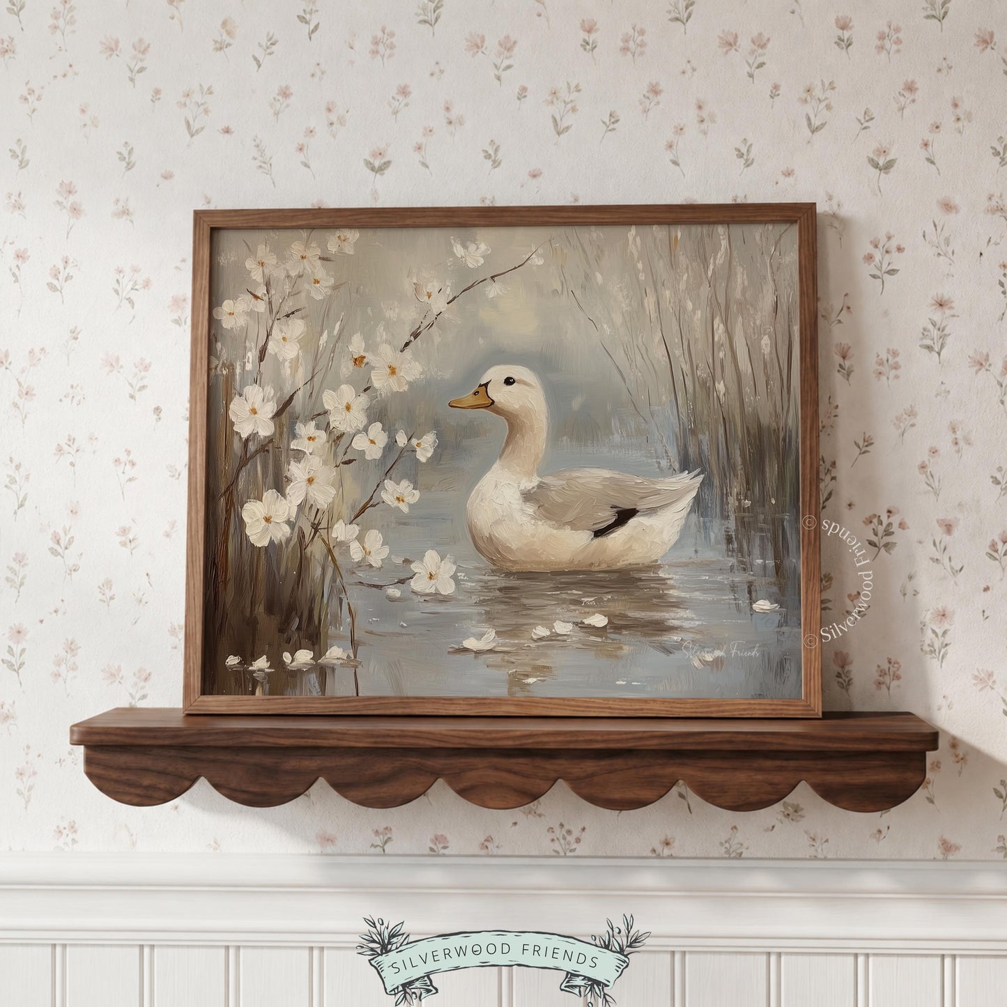 White duck oil painting for cozy reading nook — tranquil wall art with a peaceful countryside feel and rustic charm.