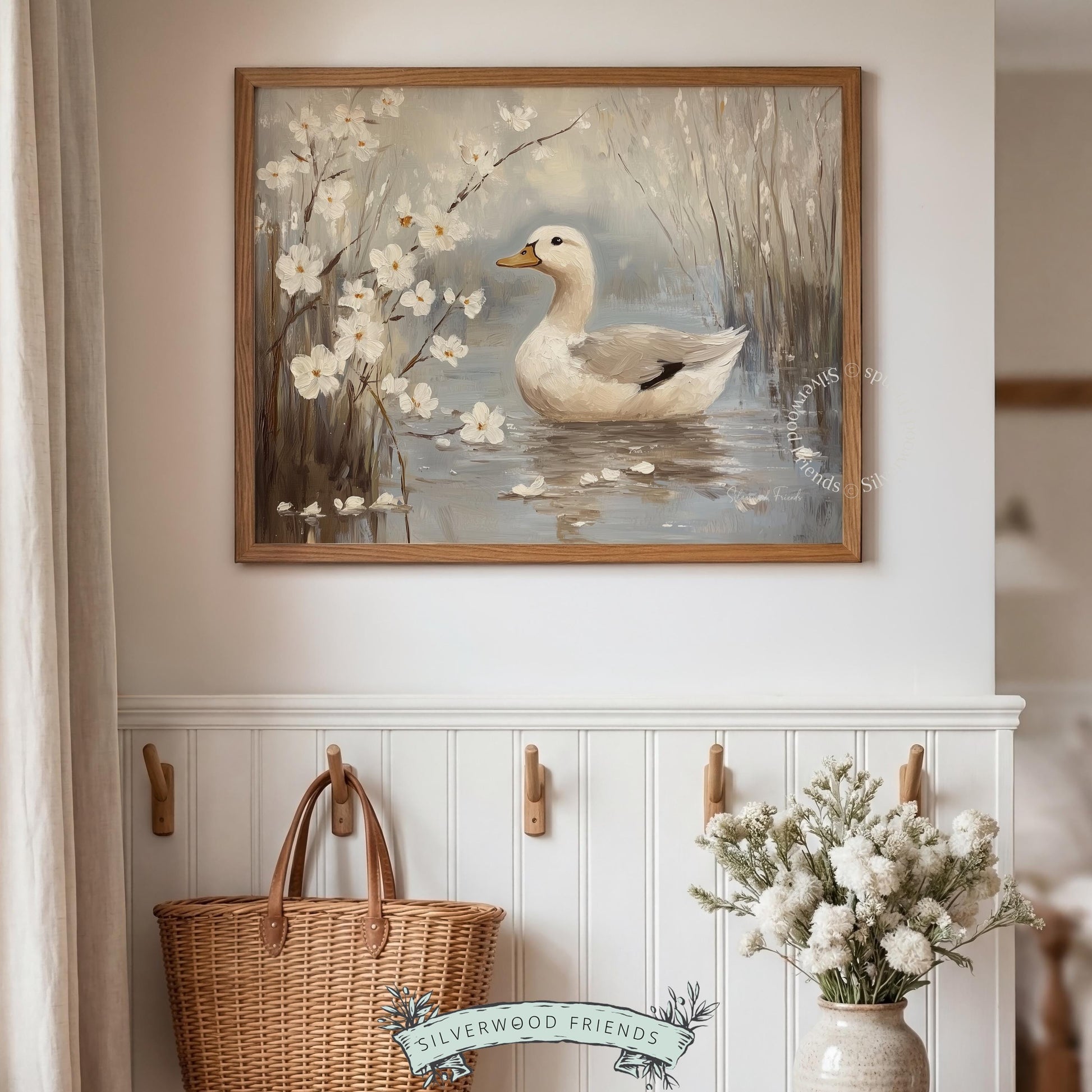 White duck floating serene poster for cozy home office — gentle countryside painting with soft brushwork and delicate blossoms.