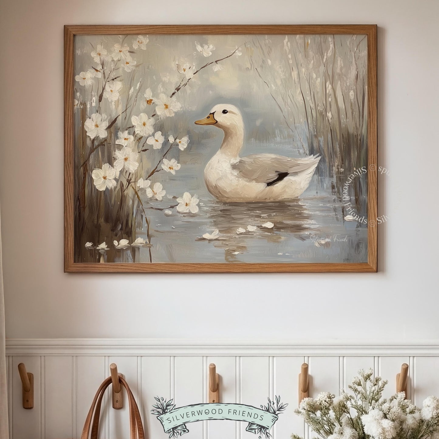 Rustic white duck poster for country-style entryway — calming art with delicate petals and soft brushwork enhancing the vibe.