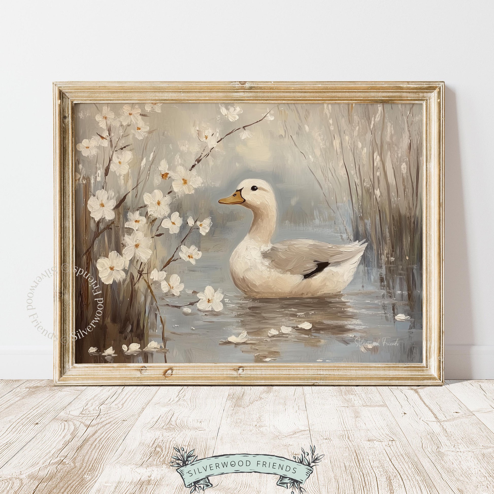 Soft profile duck wall print for cottagecore living space — charming artwork featuring gentle colors and overhanging flowers.