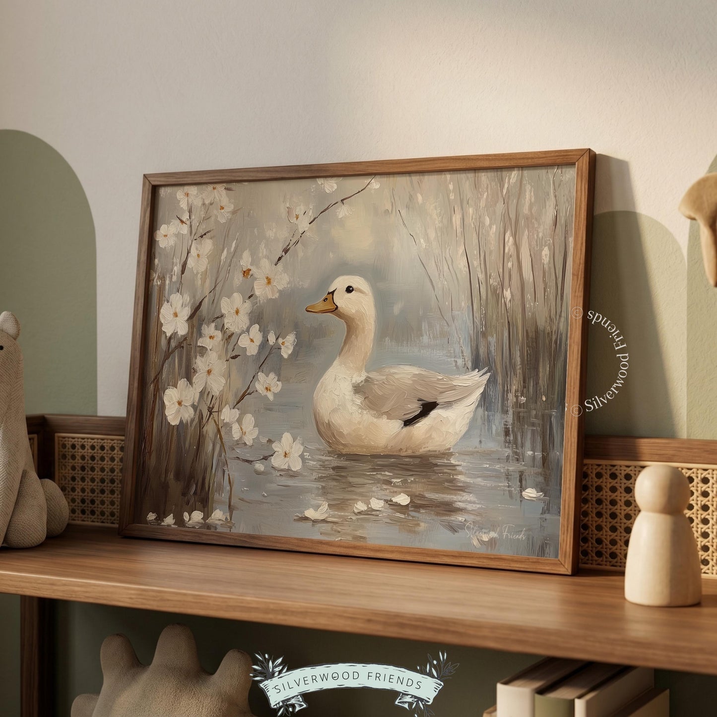 Duck in calm pond wall art for cottage-style sunroom — soothing decorative piece with subtle, muted tones and soft details.