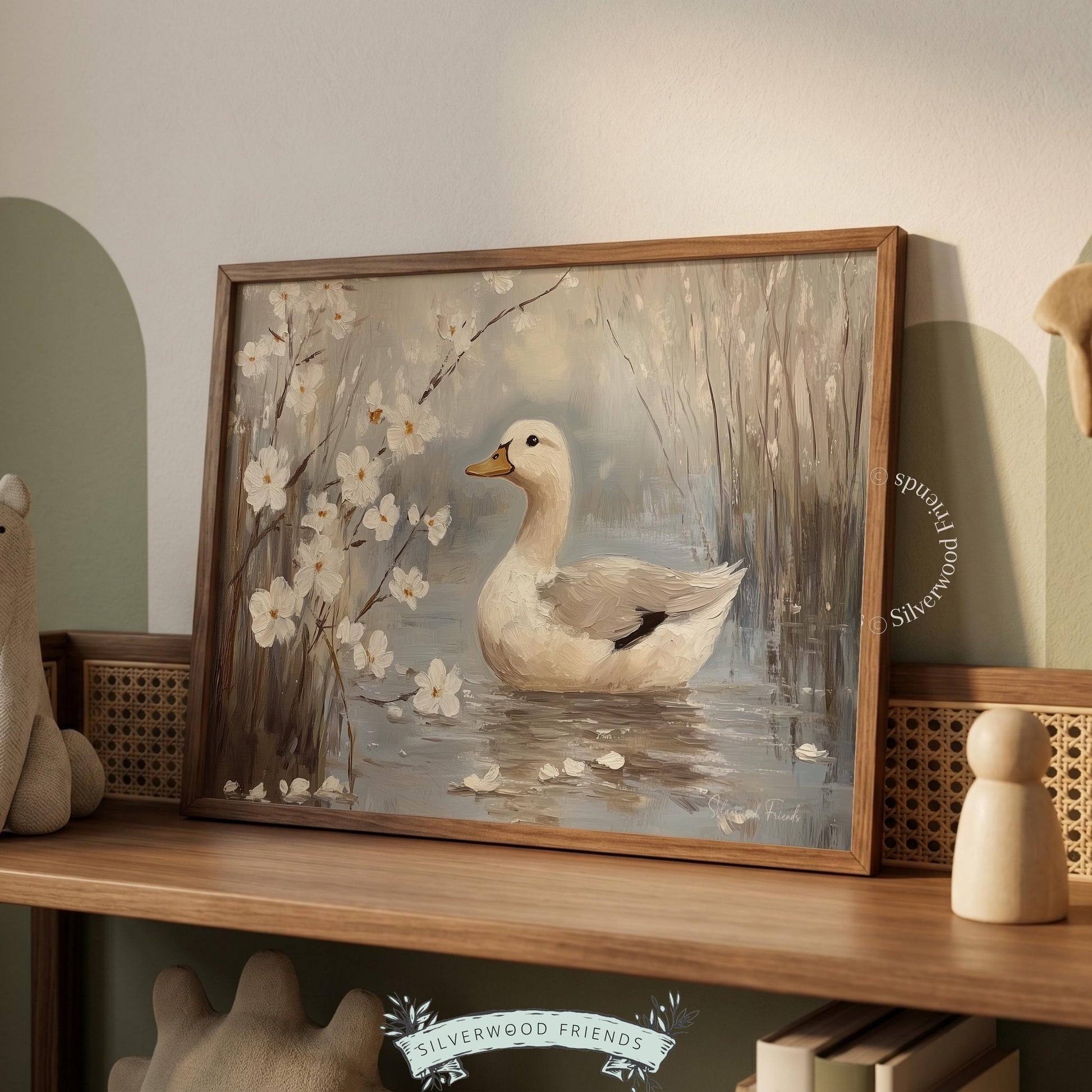 Duck in calm pond wall art for cottage-style sunroom — soothing decorative piece with subtle, muted tones and soft details.