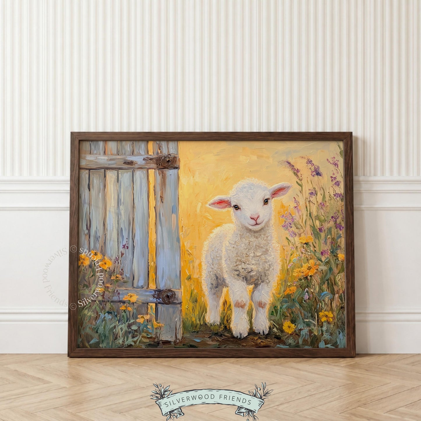 Fluffy lamb artwork for welcoming kitchen — colorful wildflowers and rustic elements evoke a cozy farmhouse feel.