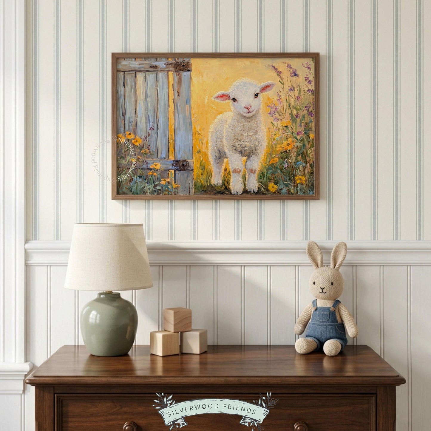 Loving lamb picture wall art for entryway — pastoral inspiration adorned with wildflowers and a weathered gate.