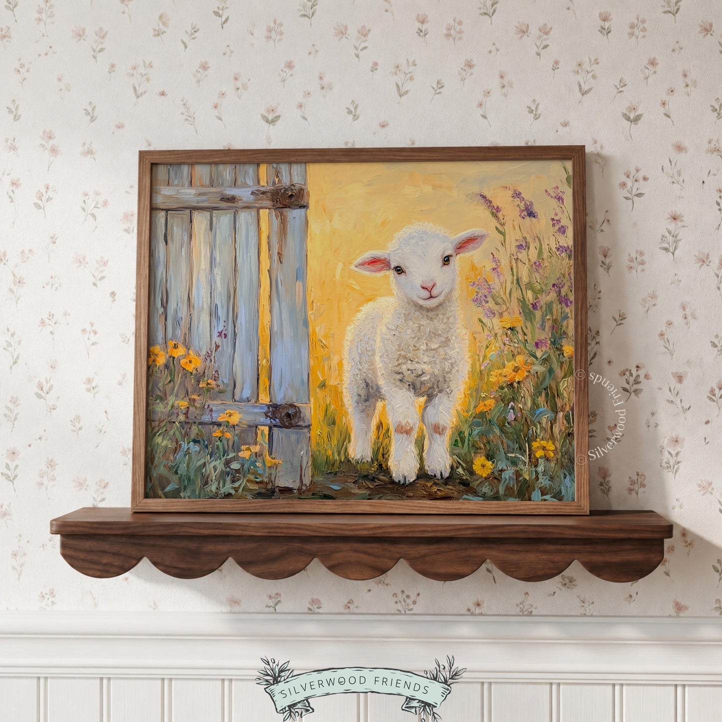 Whimsical lamb wall art for baby shower gift — painterly, cozy depiction surrounded by beautiful wildflowers.