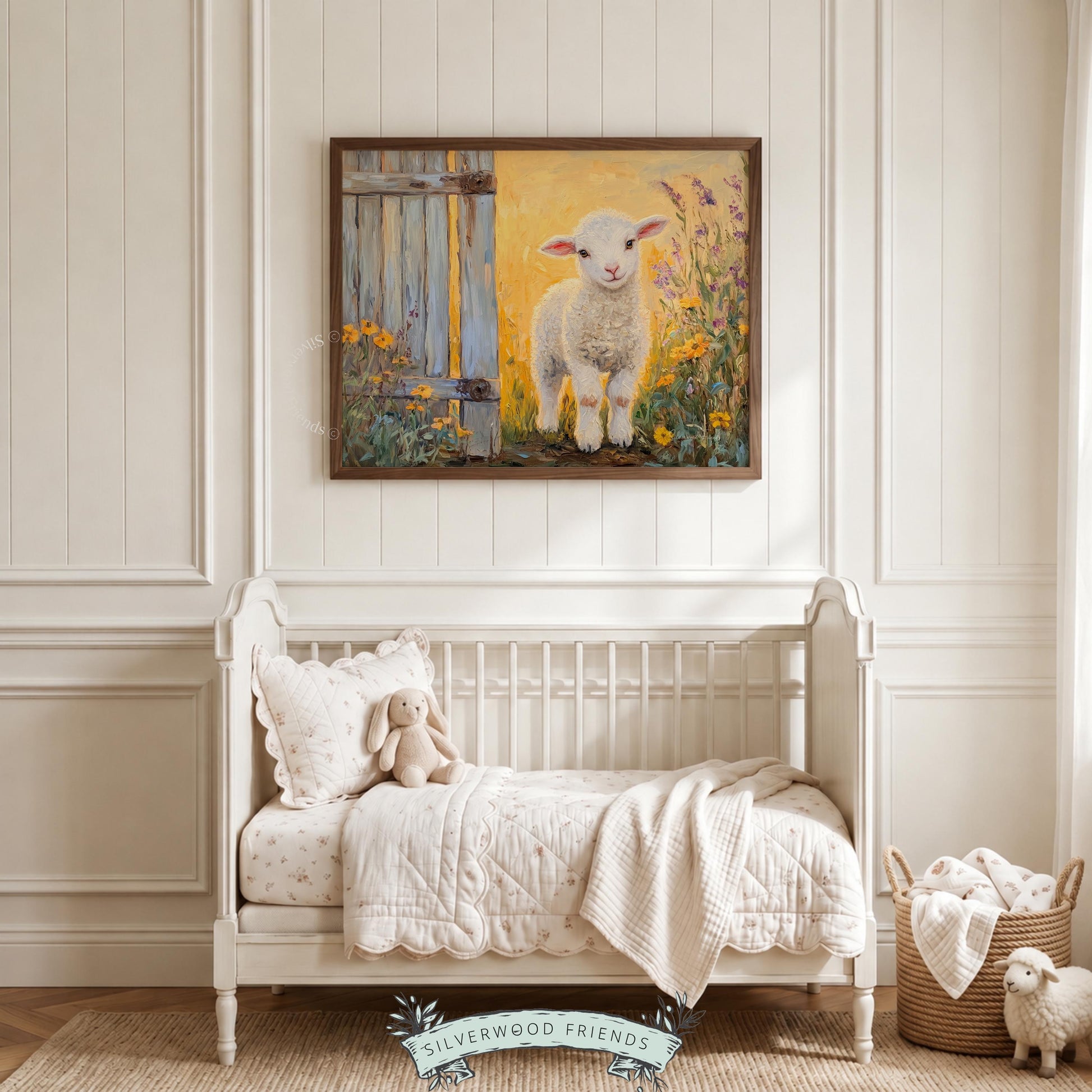 Cute lamb digital download for cozy bedroom — soft colors and charming scenery create an inviting ambiance.