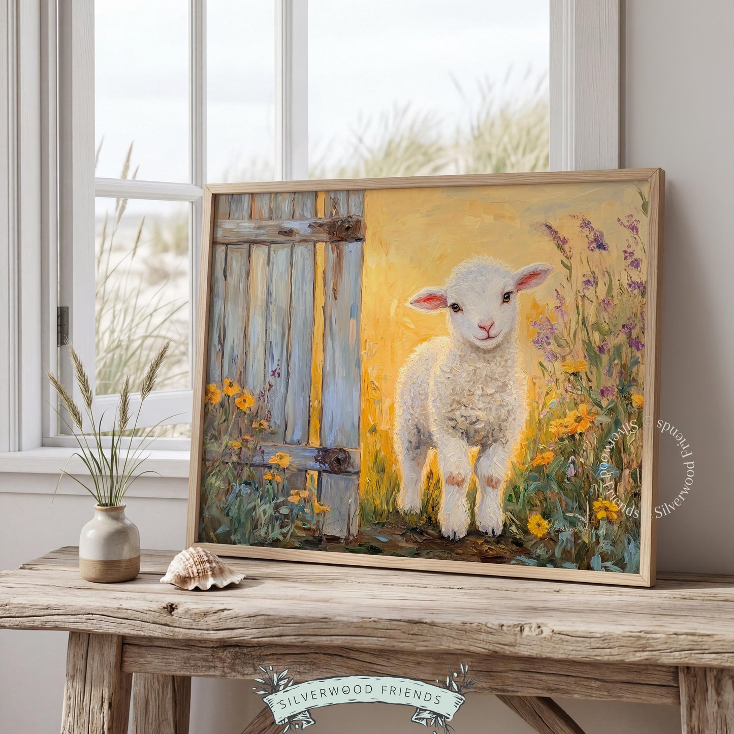 Charming lamb artwork for playroom — painterly style featuring a fluffy lamb and sun-kissed golden hues.