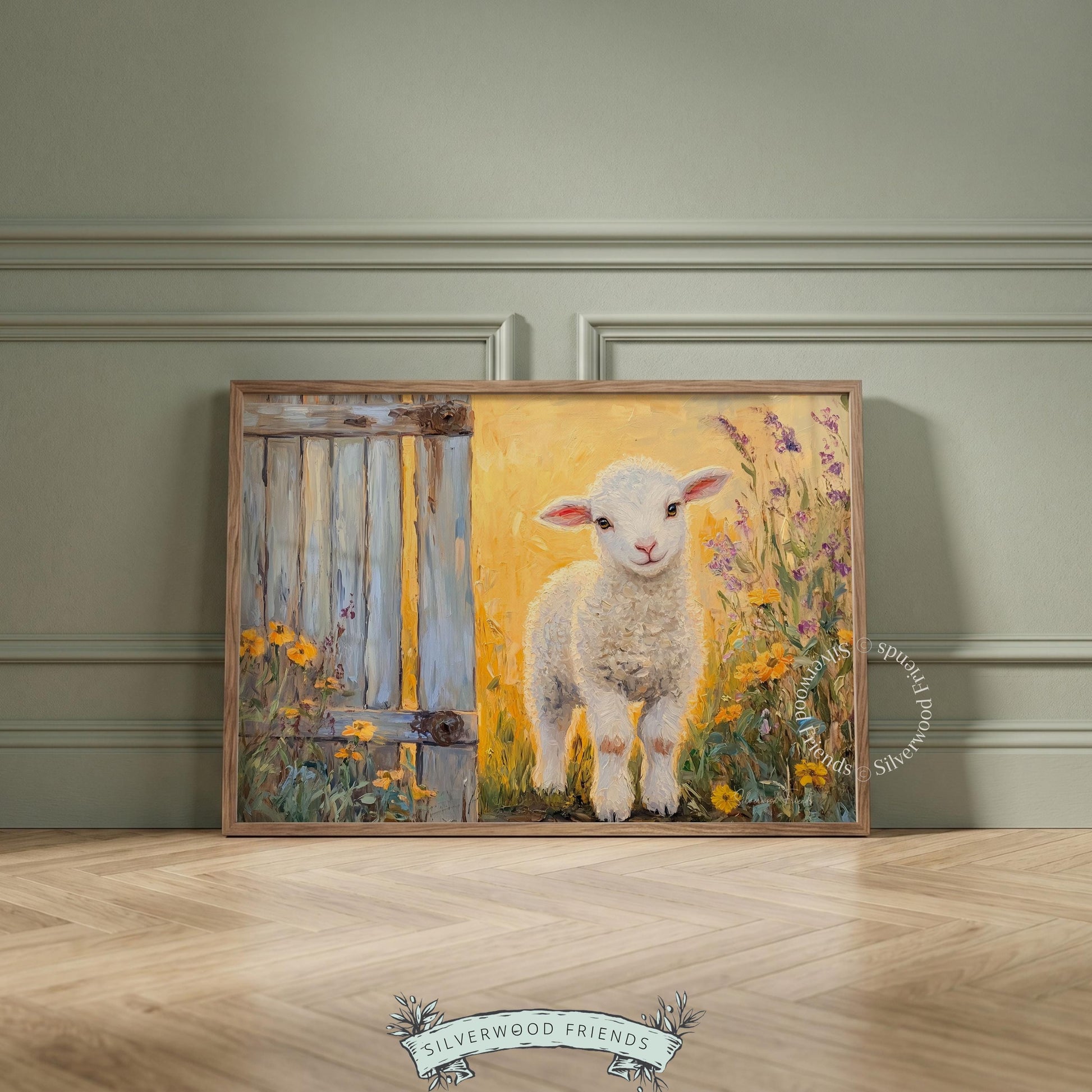 Adorable lamb oil painting for children's nursery — serene countryside vibes with bright wildflowers framing the subject.