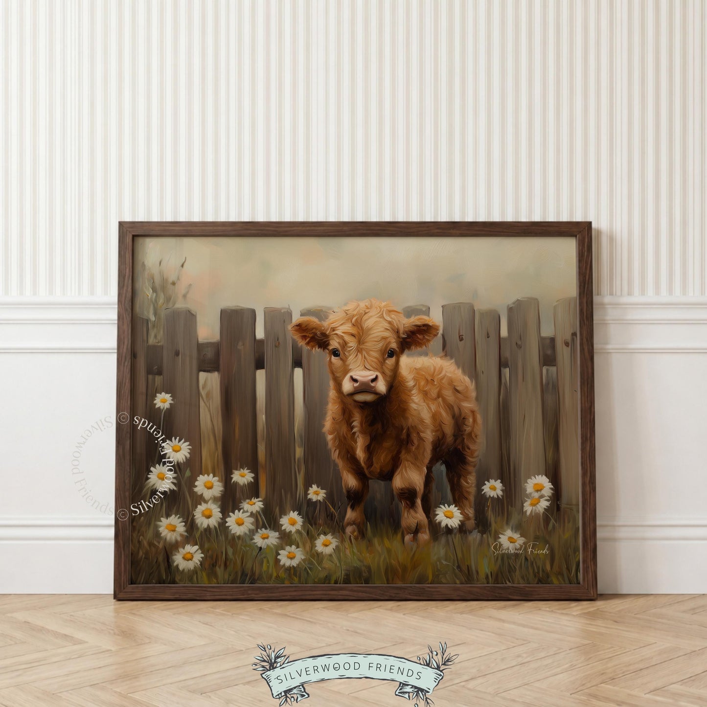 Curious calf canvas print for hallway — cozy and rustic aesthetic bringing warmth and character to a quaint country home.