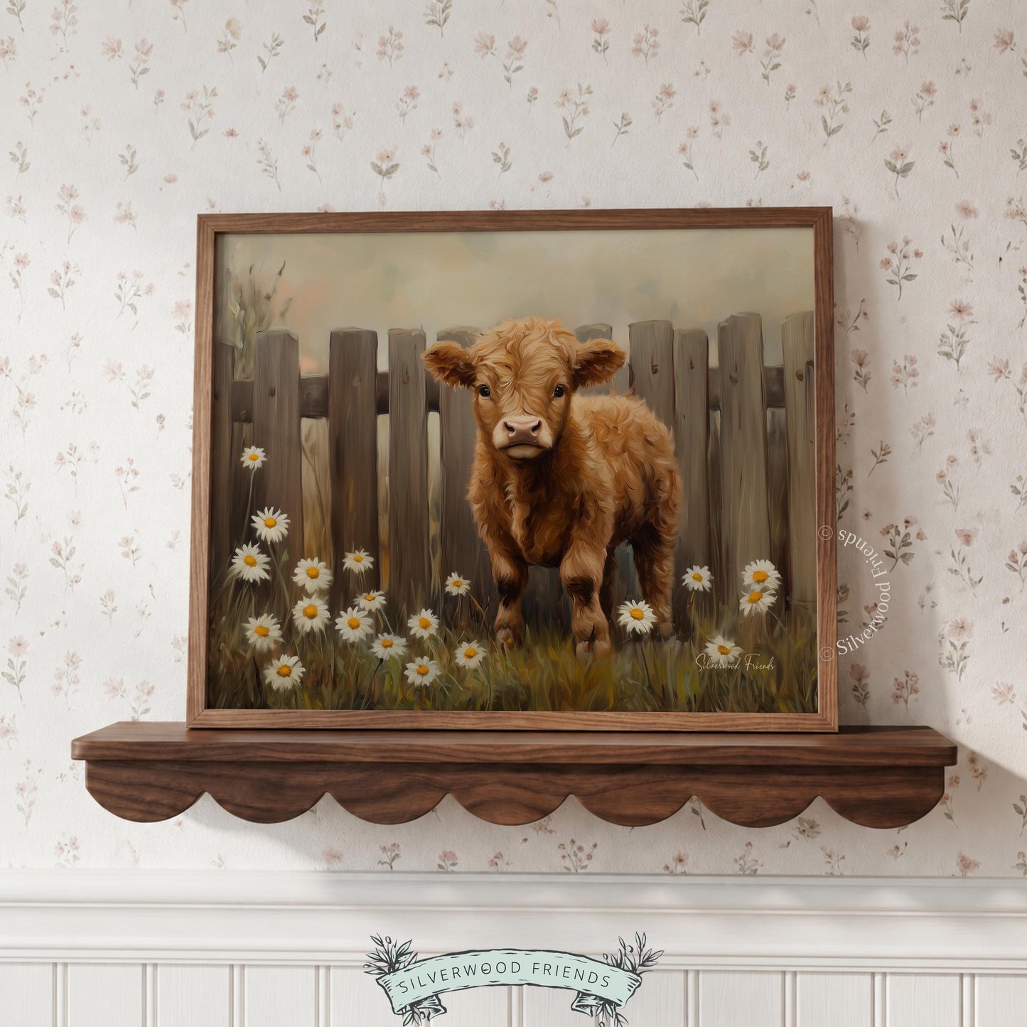 Curious calf painting poster for living room — charming pastoral scene featuring earthy tones and charming countryside elements.