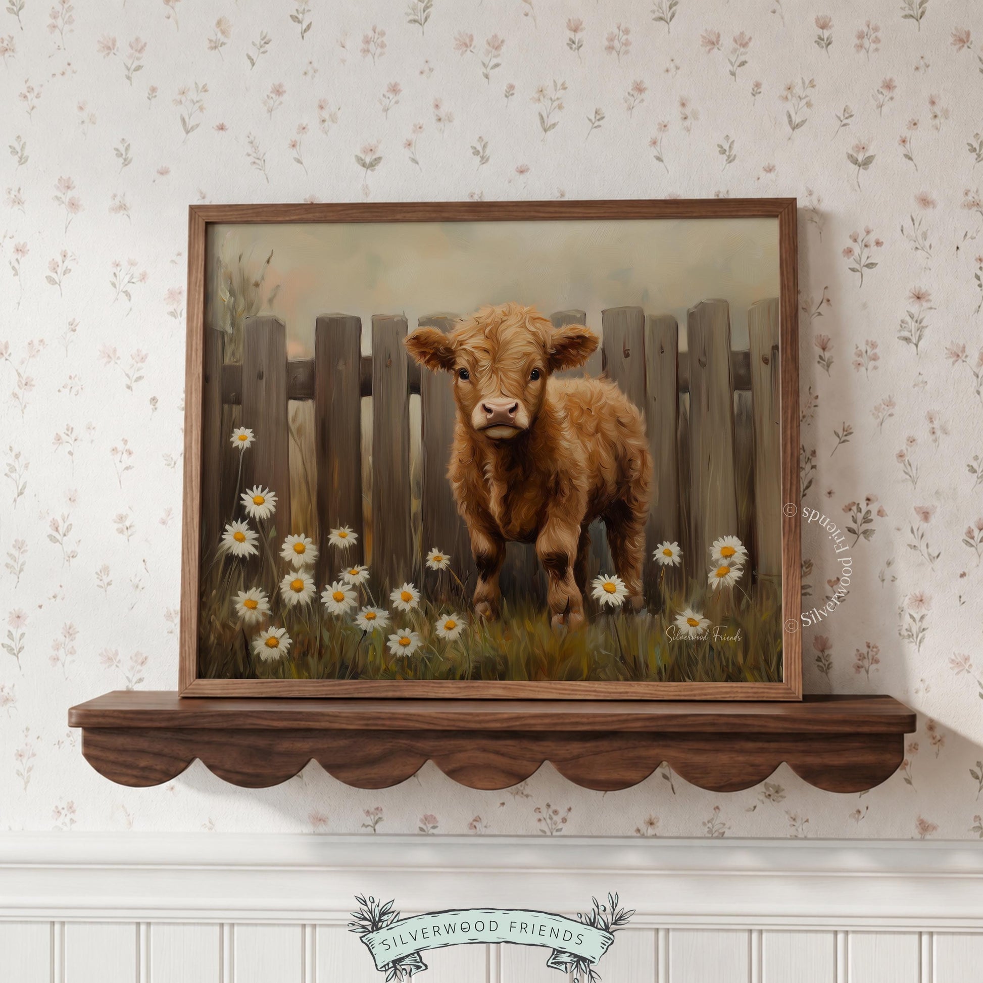 Curious calf painting poster for living room — charming pastoral scene featuring earthy tones and charming countryside elements.