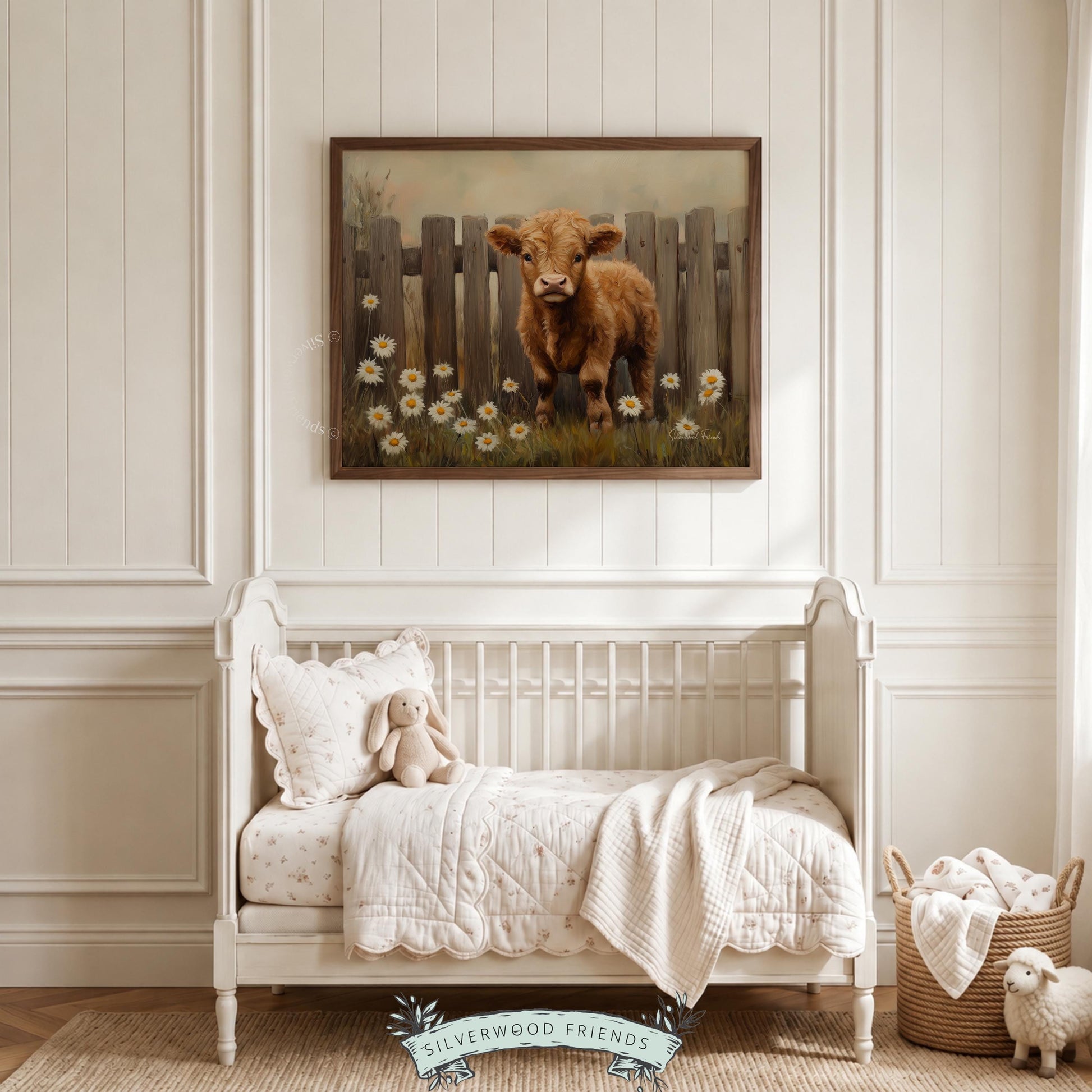 Calf illustration digital print for family room — tranquil artwork surrounded by a natural landscape of daisies and grass.