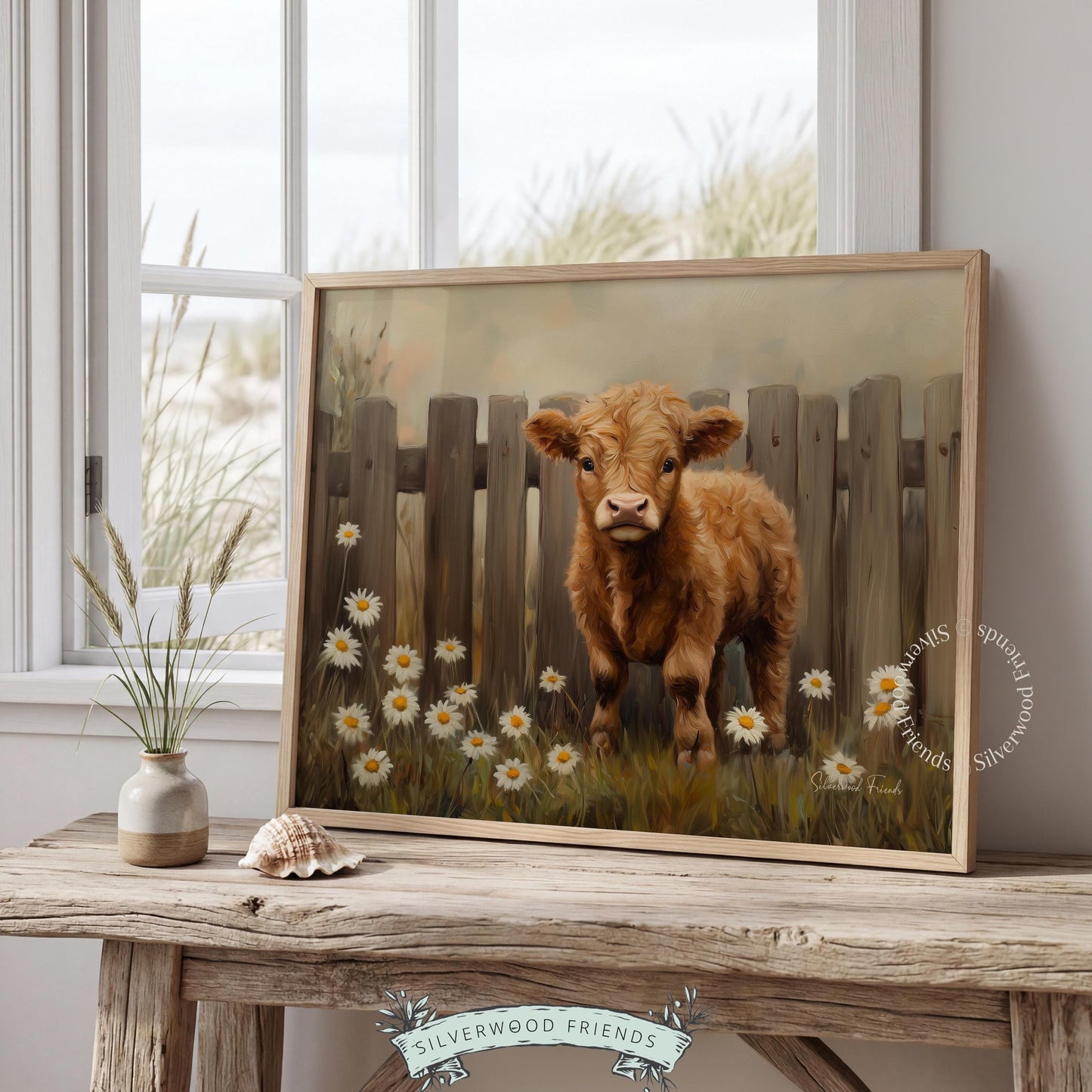 Fluffy calf wall art for child’s room — inviting oil painting that showcases warm palette and pastoral countryside charm.