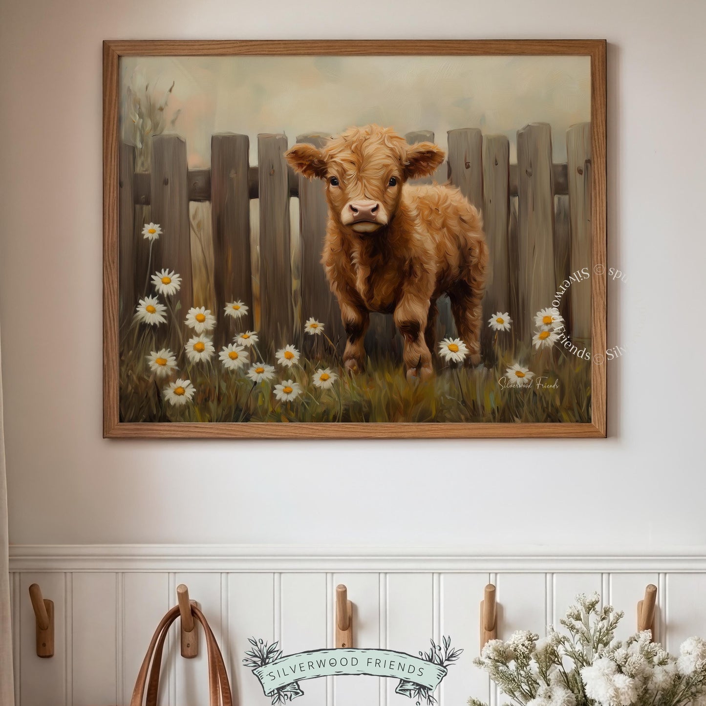 Adorable calf digital print for playroom — inviting oil painting with a tranquil feel, perfect for a rustic family space.