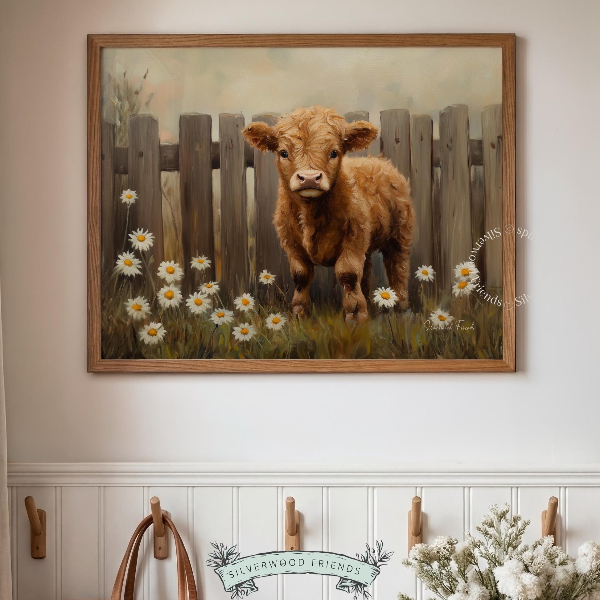 Adorable calf digital print for playroom — inviting oil painting with a tranquil feel, perfect for a rustic family space.