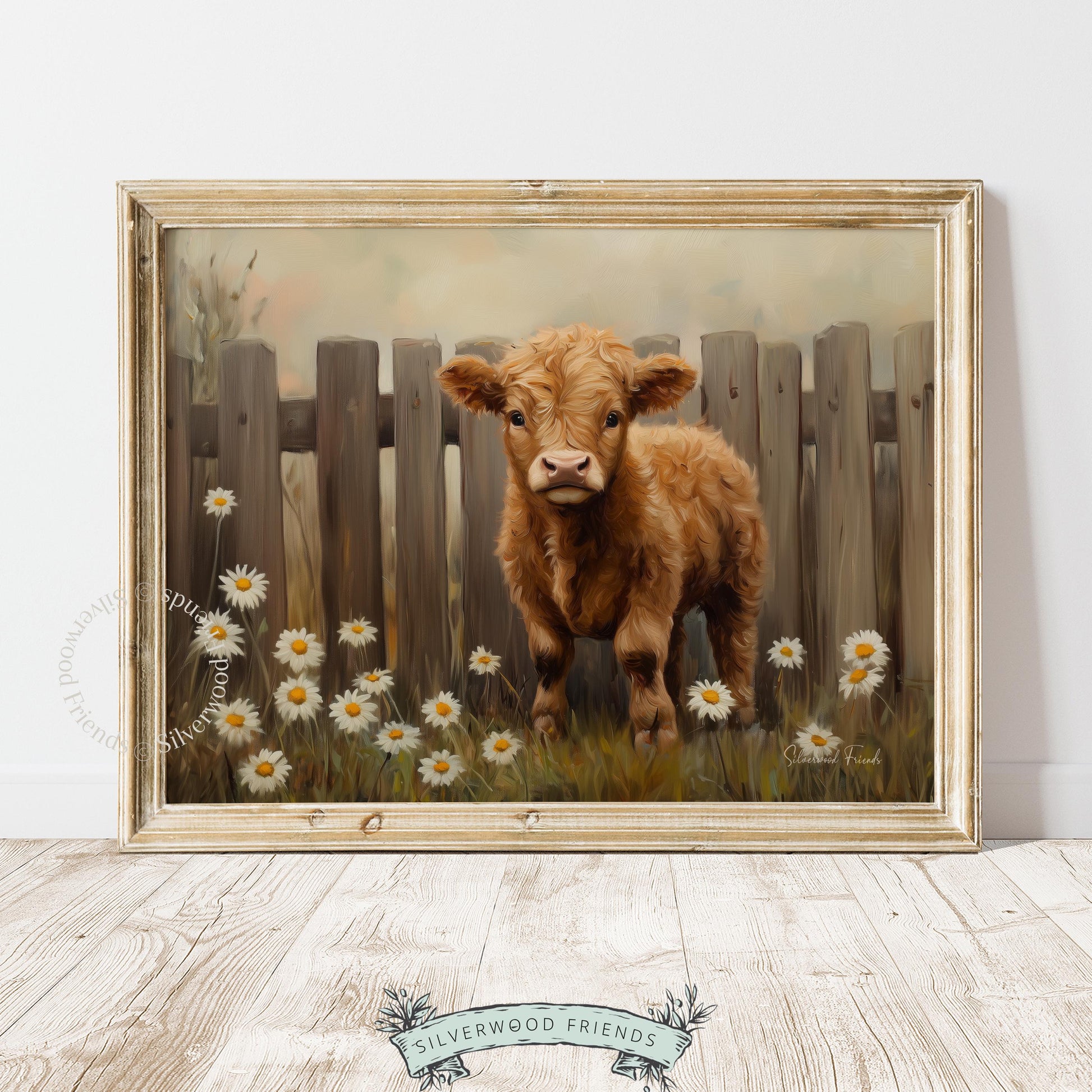 Rustic calf printable wall art for farmhouse decor — warm, earthy palette highlights the gentle nature of the bovine center stage.