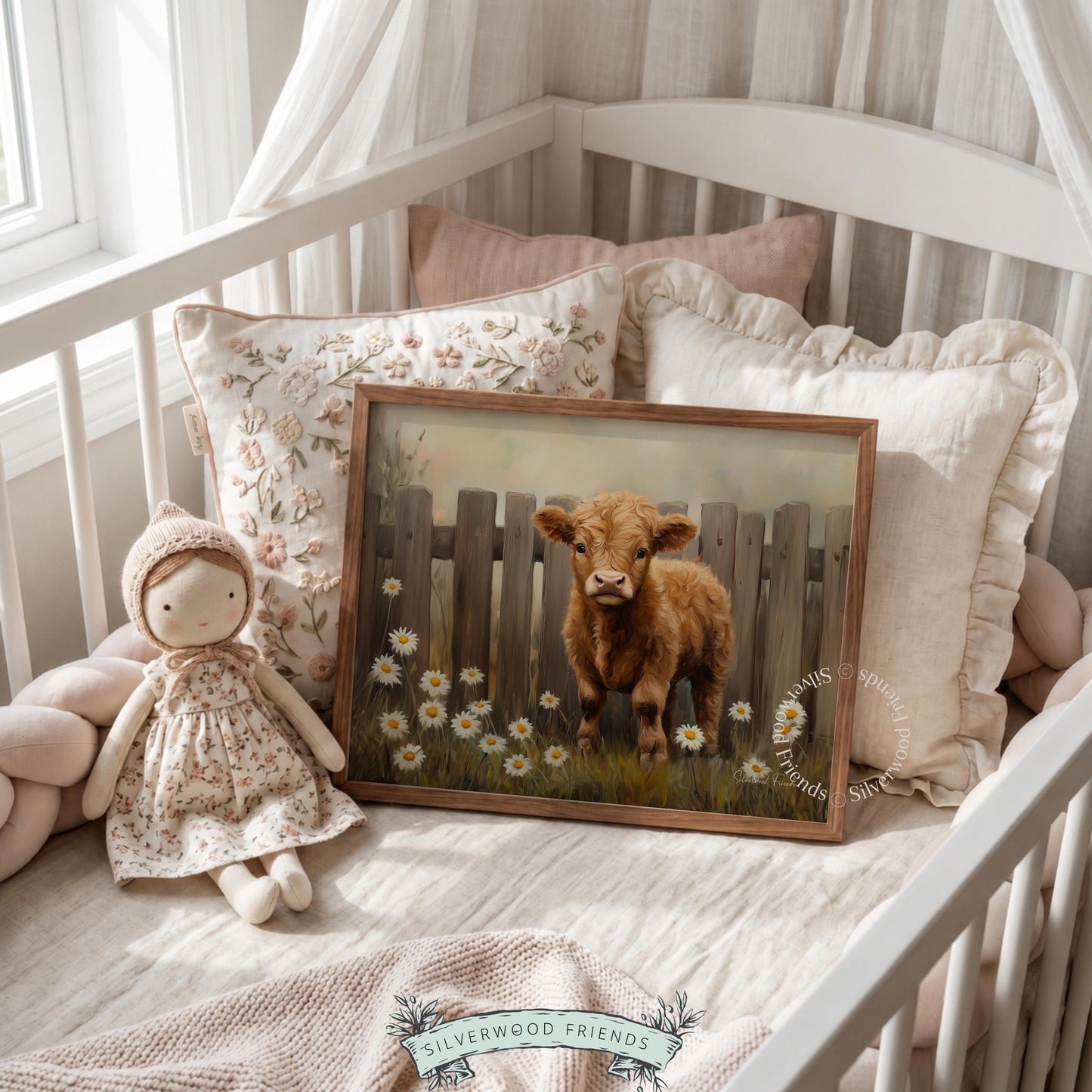Calf oil painting poster for children's playroom — inviting artwork featuring a vibrant farm scene with soft, warm undertones.