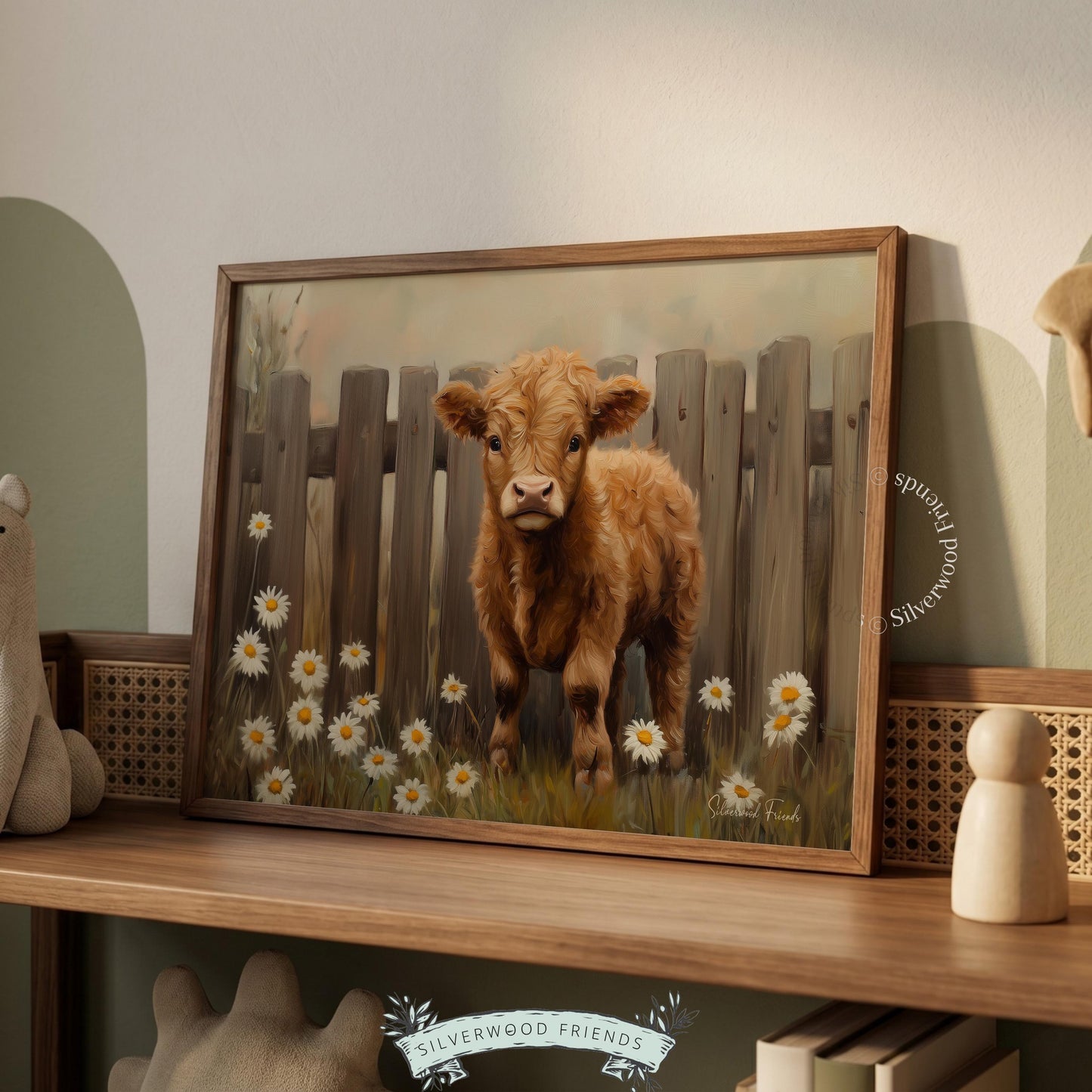 Gentle brown calf art for cottagecore spaces — vibrant oil painting radiating warmth with a cozy country aesthetic.