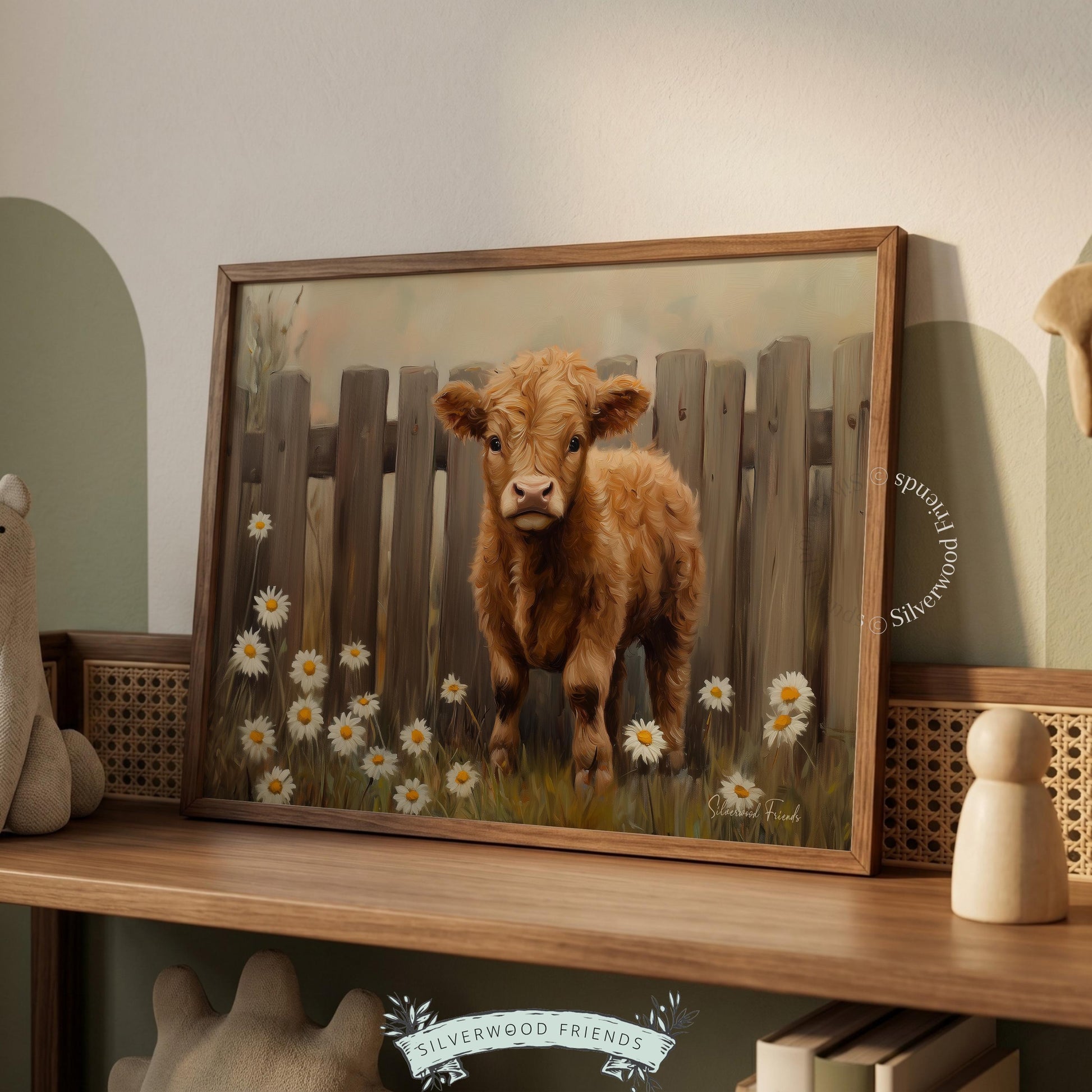 Gentle brown calf art for cottagecore spaces — vibrant oil painting radiating warmth with a cozy country aesthetic.