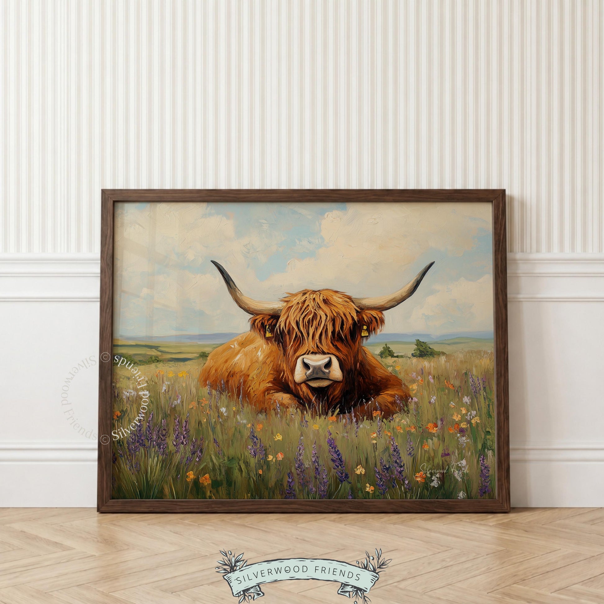 Shaggy Highland cow digital artwork for cozy study — comforting landscape scene with relaxed pastoral elements.