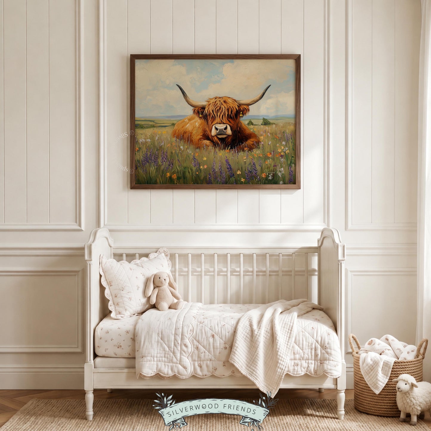 Highland cattle artwork for nature-themed room — cozy vibes with textured brushwork showcasing pastoral serenity.