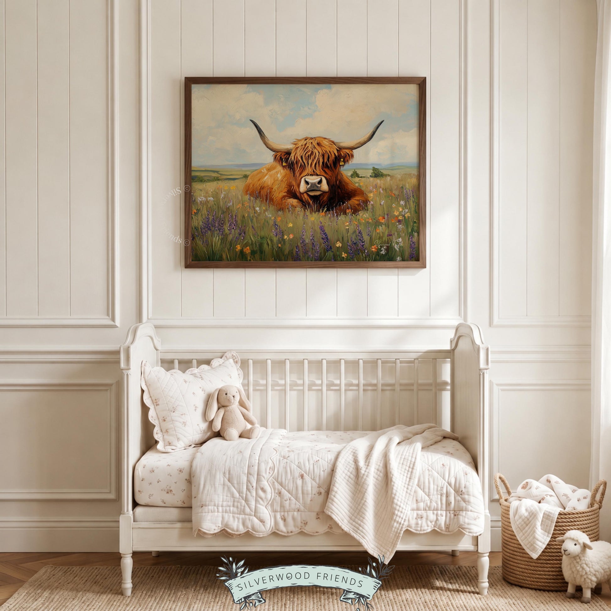 Highland cattle artwork for nature-themed room — cozy vibes with textured brushwork showcasing pastoral serenity.