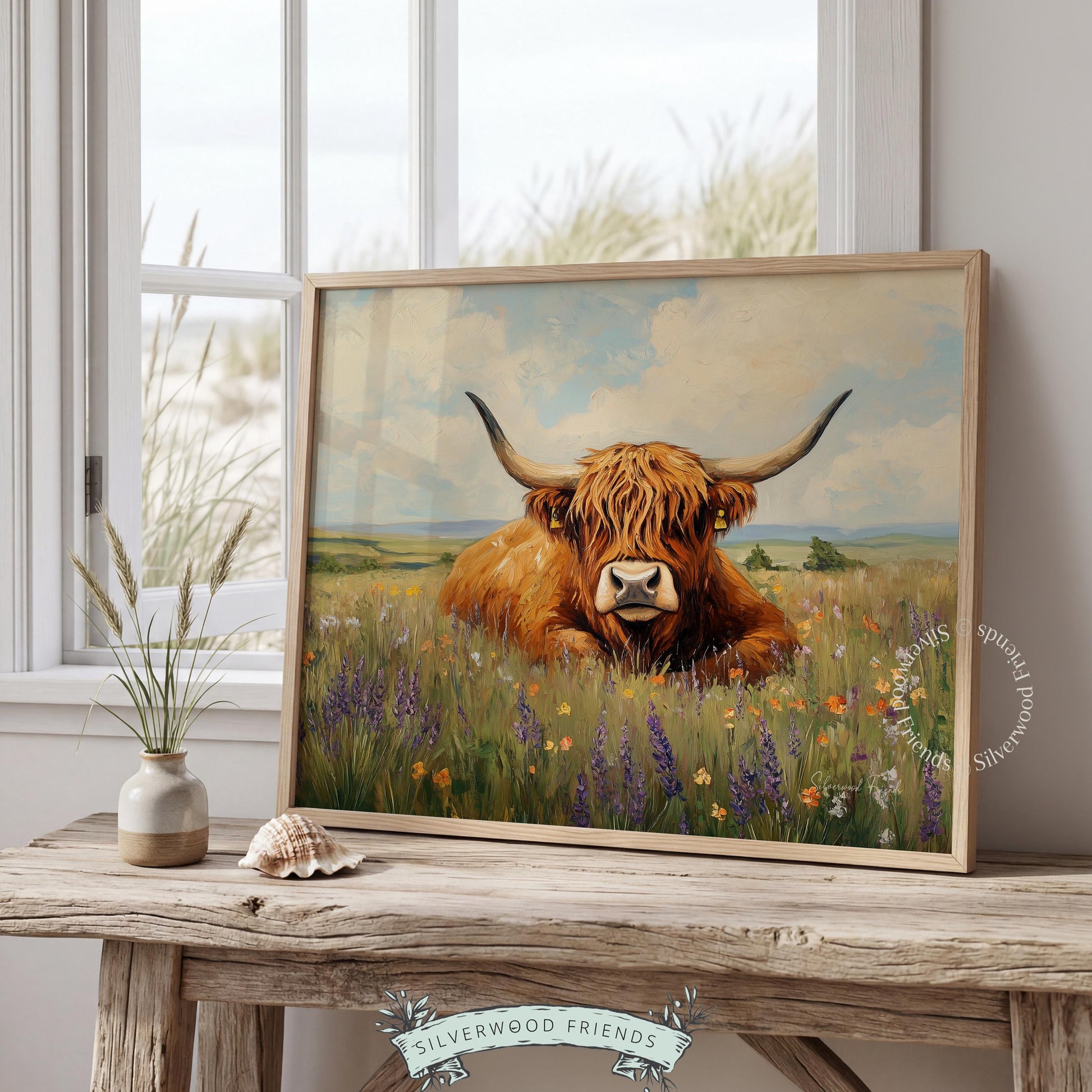 Shaggy Highland cow oil painting for living room — rustic charm with warm colors and cozy meadow vibes.