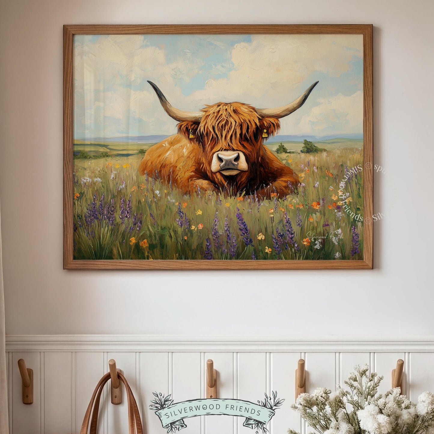 Highland cow picture for rustic bedroom — cozy wildlife scene portraying serene vibes with lovely floral accents.