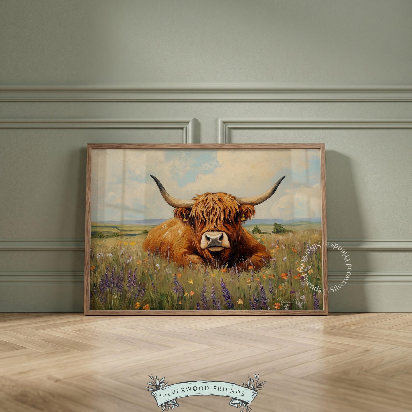 Shaggy Highland cow digital print for country home — tranquil ambiance featuring earthy tones and a wildflower meadow.