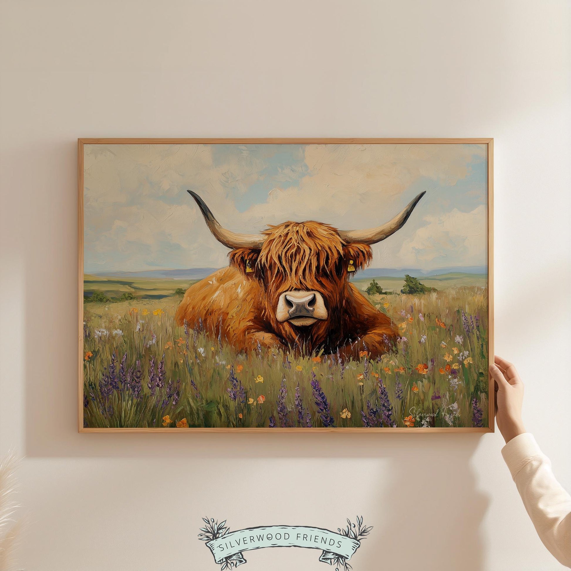 Shaggy Highland cow painting for cozy retreat — inviting pastoral design with pleasant earth tones and wildflowers.