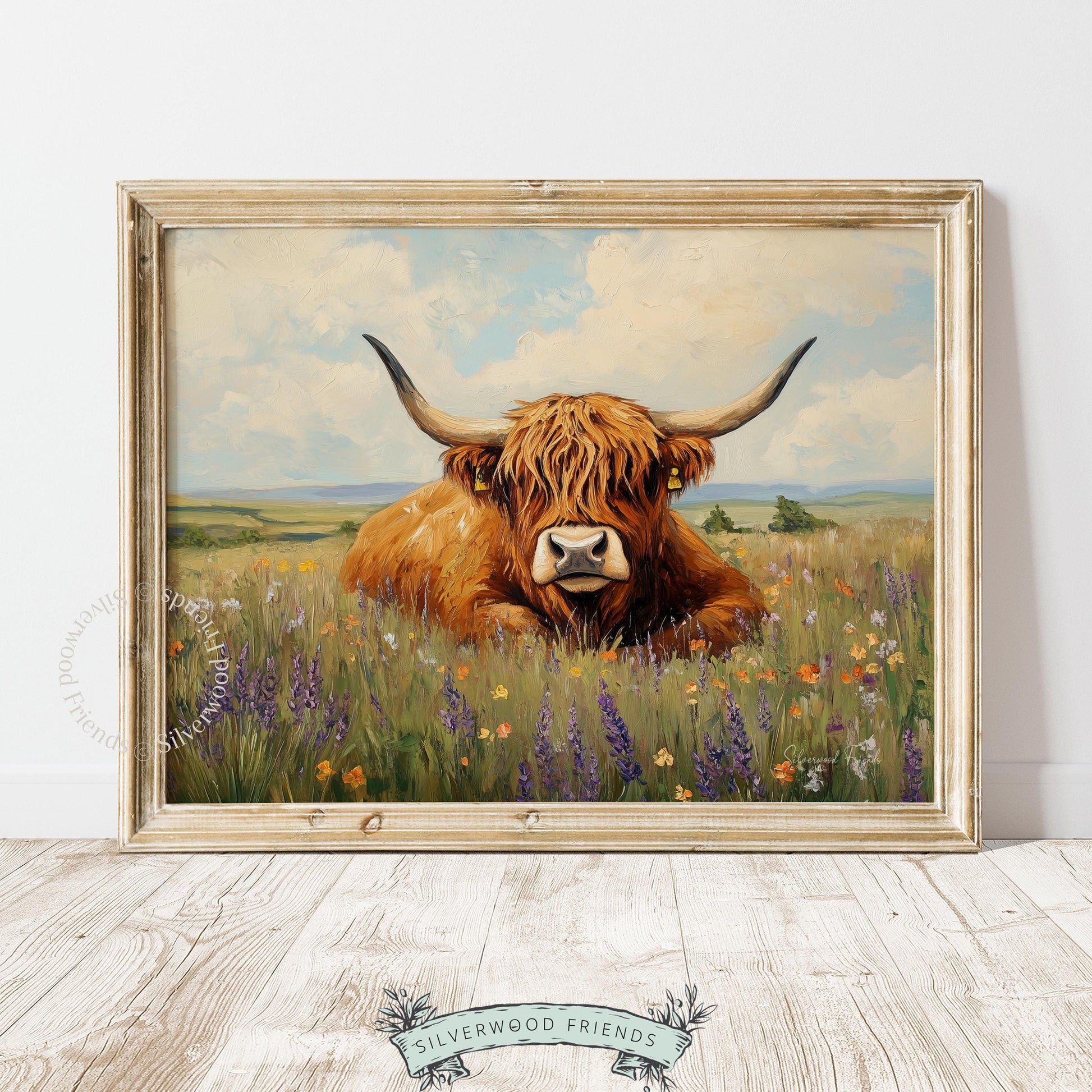 Realistic Highland cow artwork for entryway — charming ranch-style decor with brushstrokes showcasing rich backgrounds.